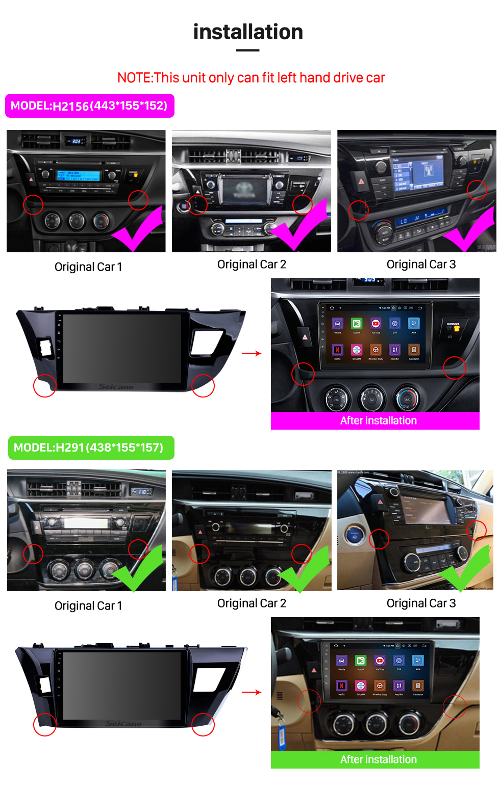 Seicane 10.1 pulgadas Toyota Corolla 11 2012-2014 2015 2016 E170 E180 Android 12.0 Sistema de navegación GPS con pantalla táctil 1024 * 600 Bluetooth Radio OBD2 DVR Cámara de visión trasera TV 1080P 4G WIFI Control del volante Enlace espejo