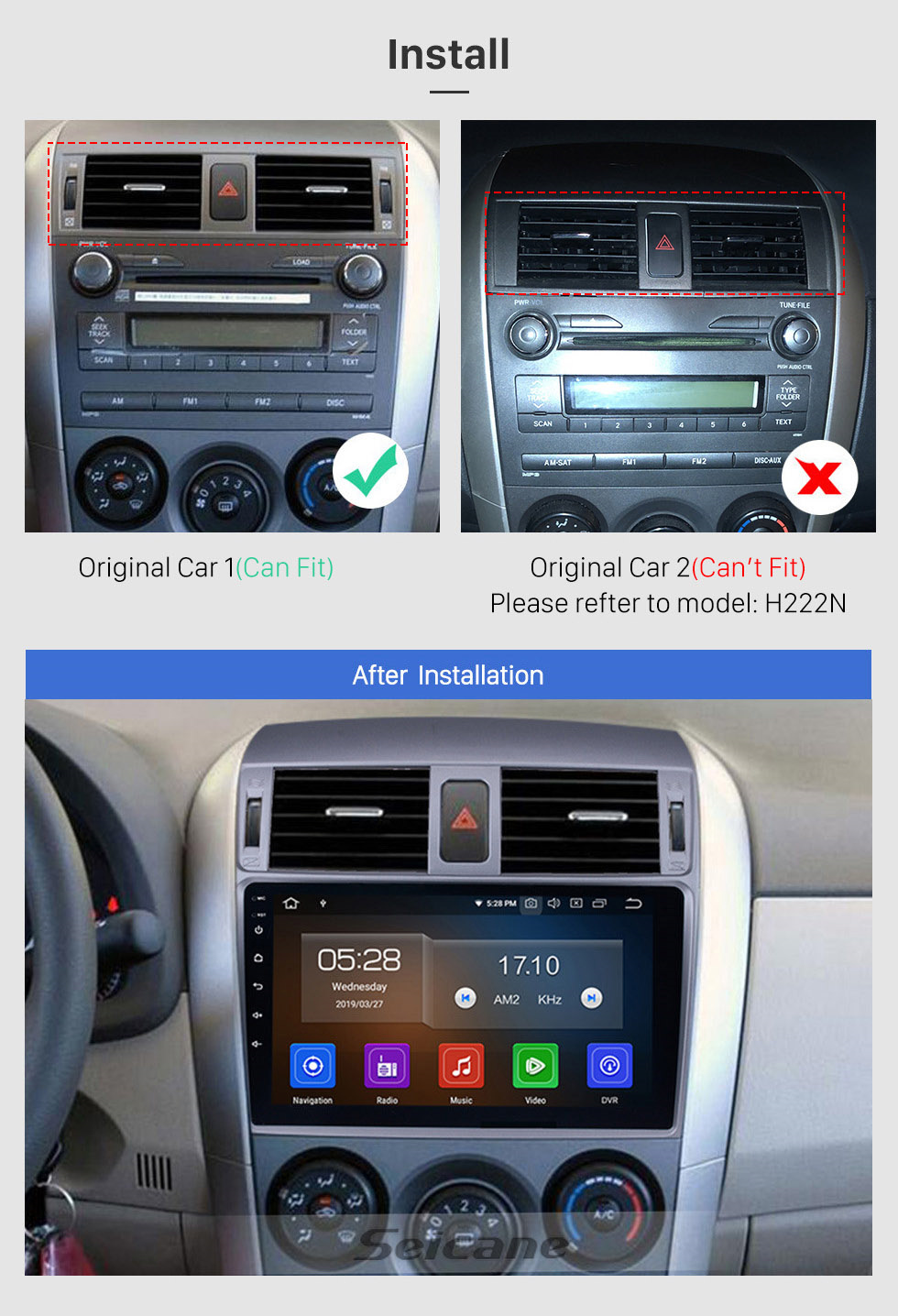 Seicane 2007-2010 Toyota Corolla 9 pouces Android 11.0 Autoradio Aftermarket Navigation GPS Écran tactile HD Téléphone Bluetooth WIFI Lien miroir Prise en charge USB Lecteur DVD Carplay 4G DVR