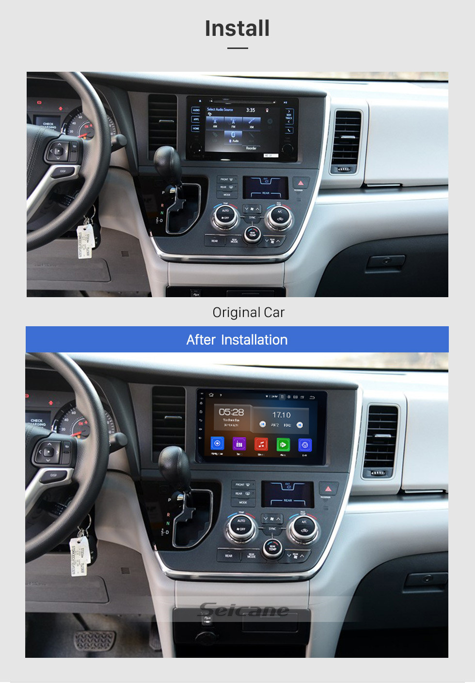 Seicane 9 Zoll Aftermarket Android 13.0 Radio GPS Navigationssystem für 2015-2018 Toyota Sienna mit kapazitivem Touchscreen TPMS DVR OBD II Kopfstützenmonitor Steuerung USB SD Bluetooth 3G WiFi Video AUX Rückfahrkamera