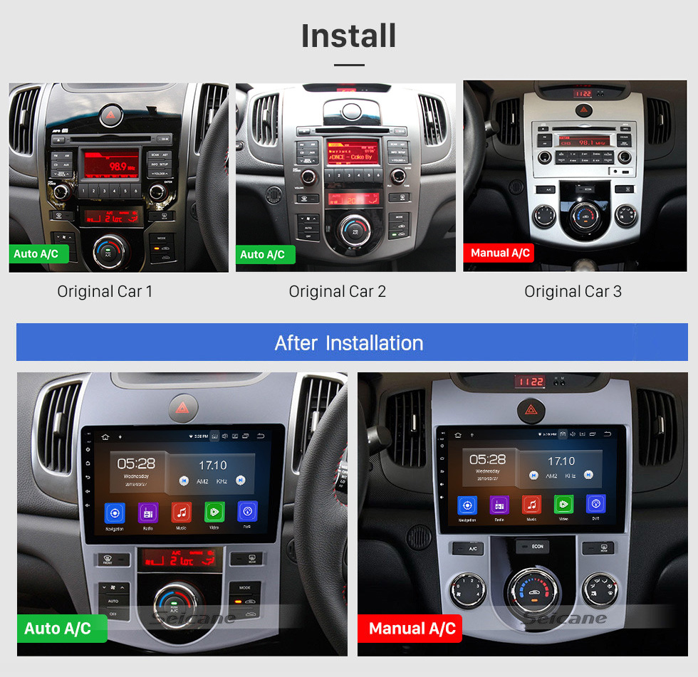 Seicane OEM Android 12.0 Radio Système de navigation GPS pour 2008-2012 KIA FORTE CERATO (AT) Bluetooth MP3 HD Écran tactile OBD2 DVR Caméra de recul TV 3G WIFI Commande au volant USB 1080P Vidéo Lecteur DVD