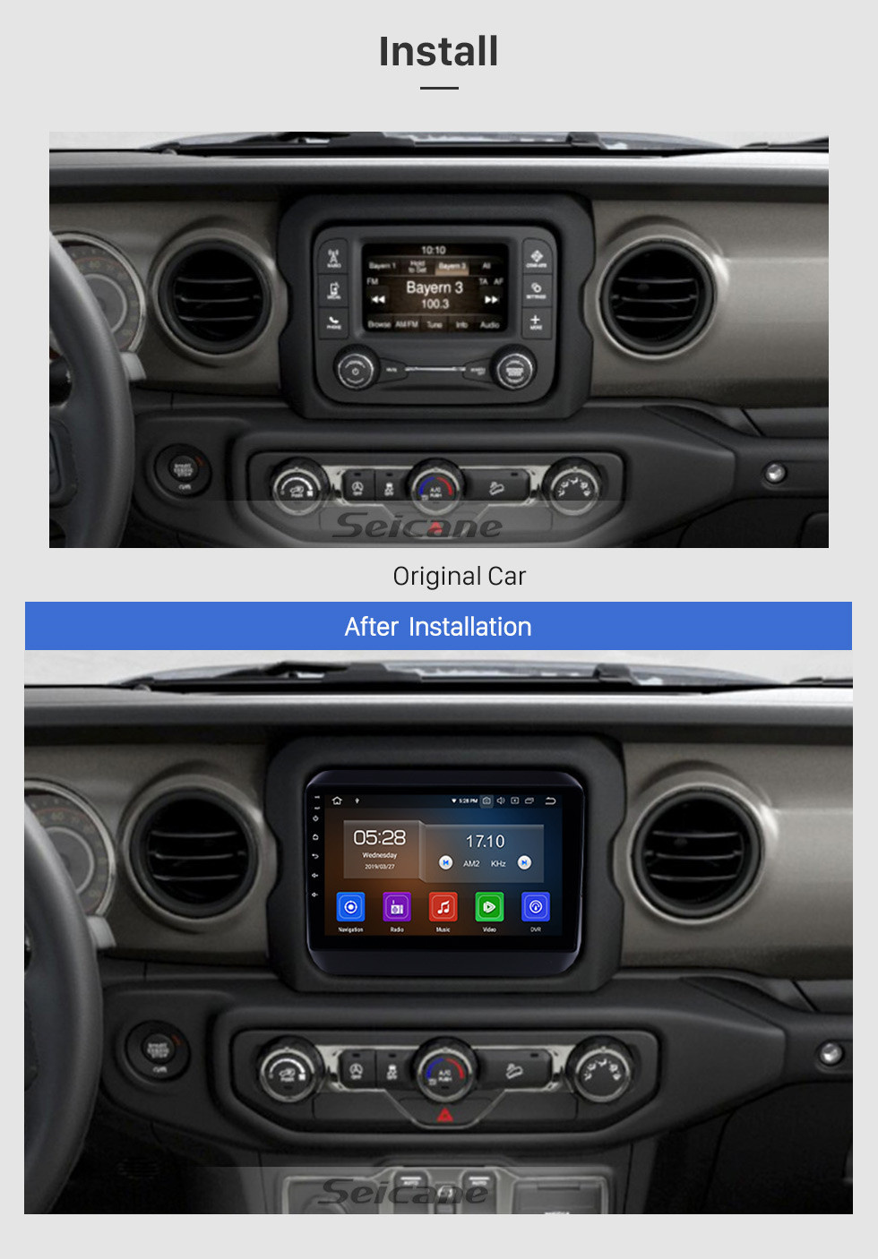 Seicane Android 13.0 Navigation GPS 9 pouces HD Écran tactile stéréo pour 2018 Jeep Wrangler Rubicon Bluetooth FM WIFI USB Commande au volant USB Carplay Prise en charge AUX DVR OBD2