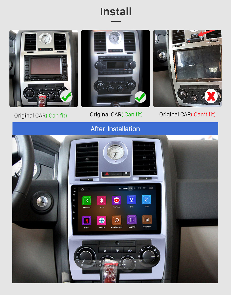 Seicane 9 pulgadas Android 9.0 sistema de navegación GPS Radio del coche para 2004 2005 2006 2007 2008 Chrysler Aspen 300C compatible con 1080P 1024 * 600 HD pantalla táctil Bluetooth OBDII DVR copia de seguridad cámara retrovisor TV 3G WIFI USB espejo enlace