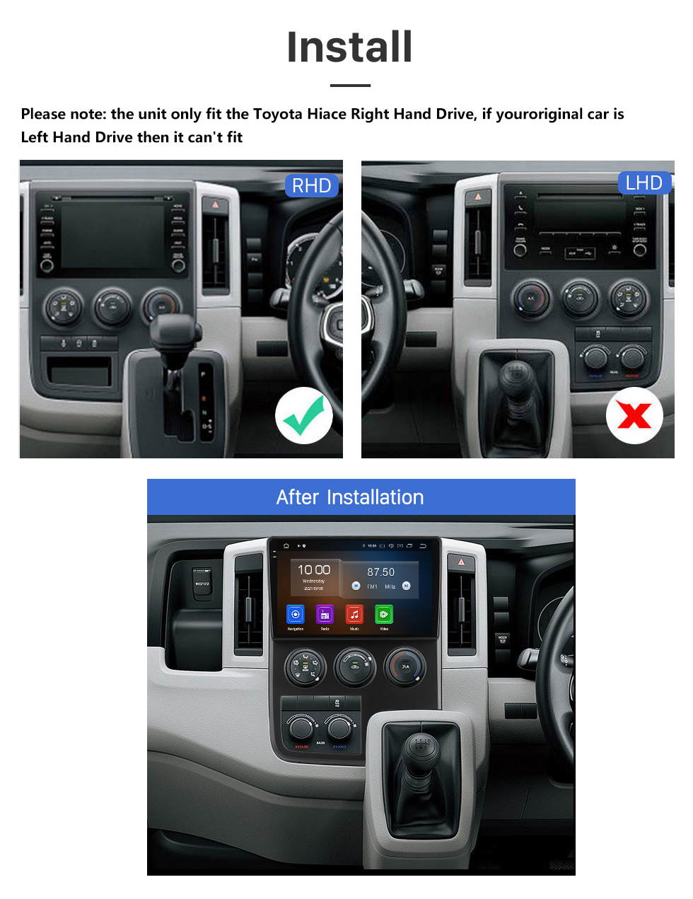 Seicane Écran tactile HD pour 2019 Toyota Hiace RHD Radio Android 13.0 Système de navigation GPS 10,1 pouces Prise en charge Bluetooth Carplay DAB +