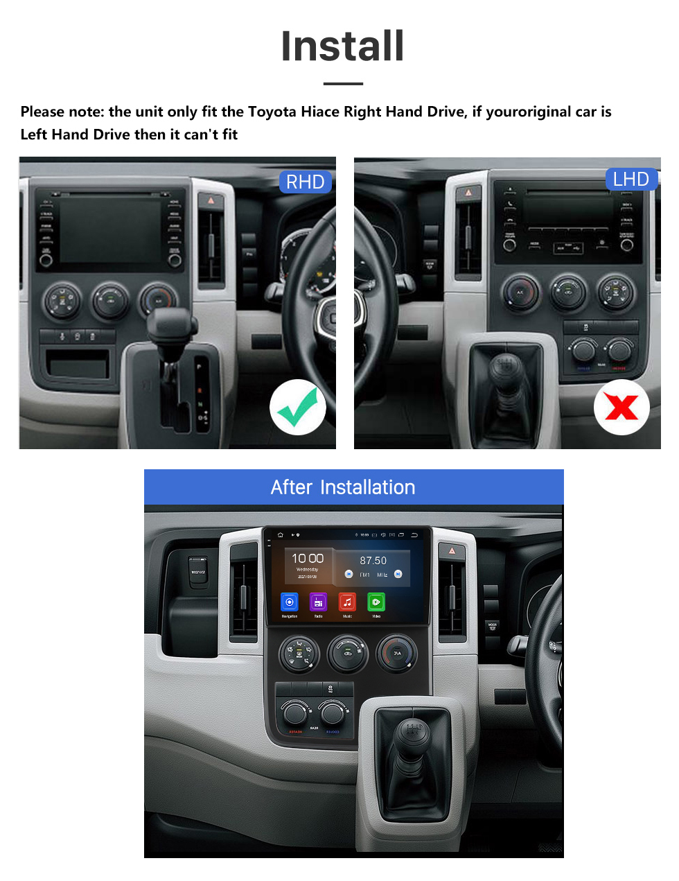 Seicane Pantalla táctil HD para 2019 Toyota Hiace RHD Radio Android 13.0 10.1 pulgadas Sistema de navegación GPS Bluetooth Carplay compatible con DAB +