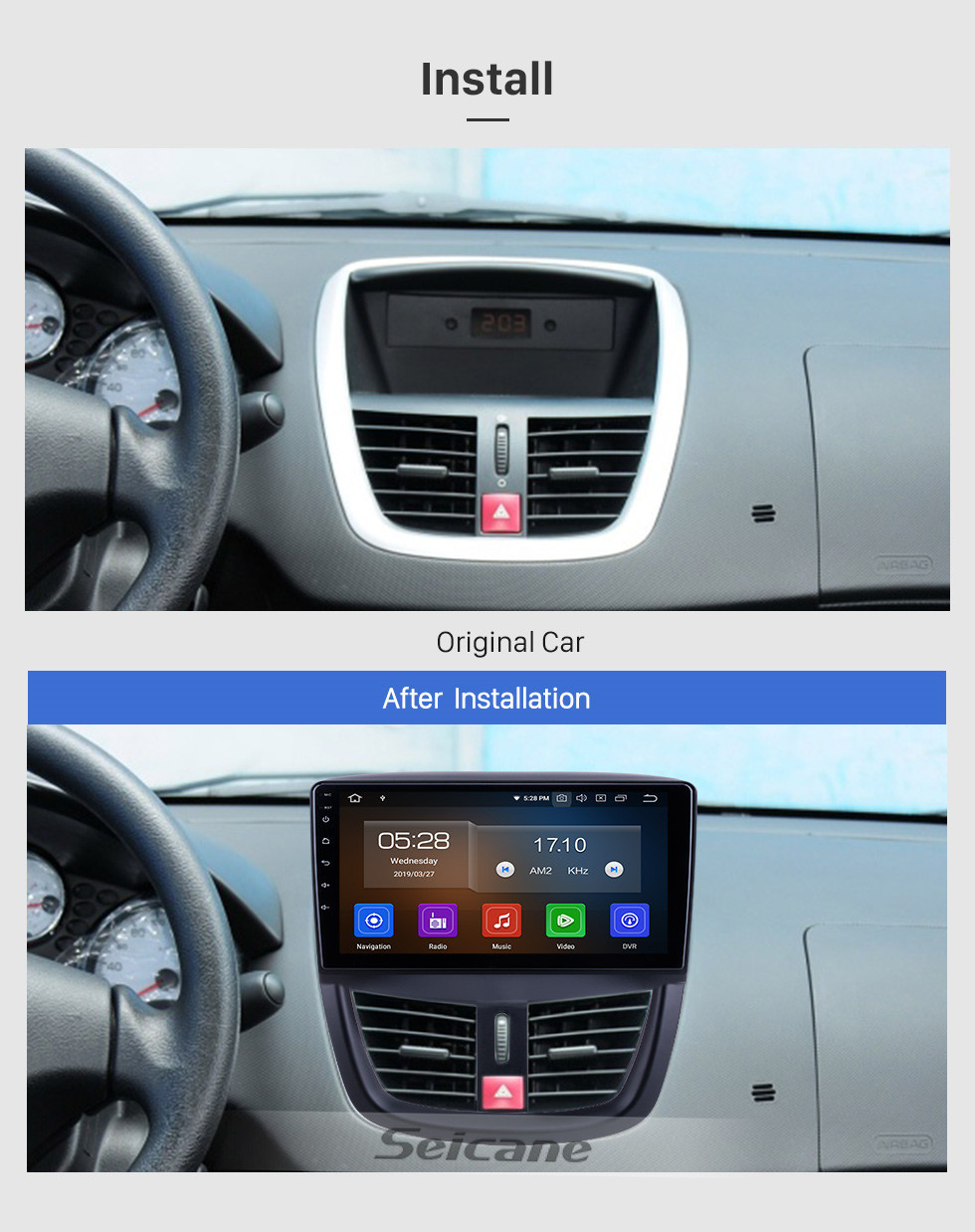 Seicane OEM 9 pouces Android 13.0 pour 2008 2009 2010-2014 Peugeot 207 Radio Bluetooth AUX HD Écran tactile Navigation GPS Prise en charge Carplay TPMS