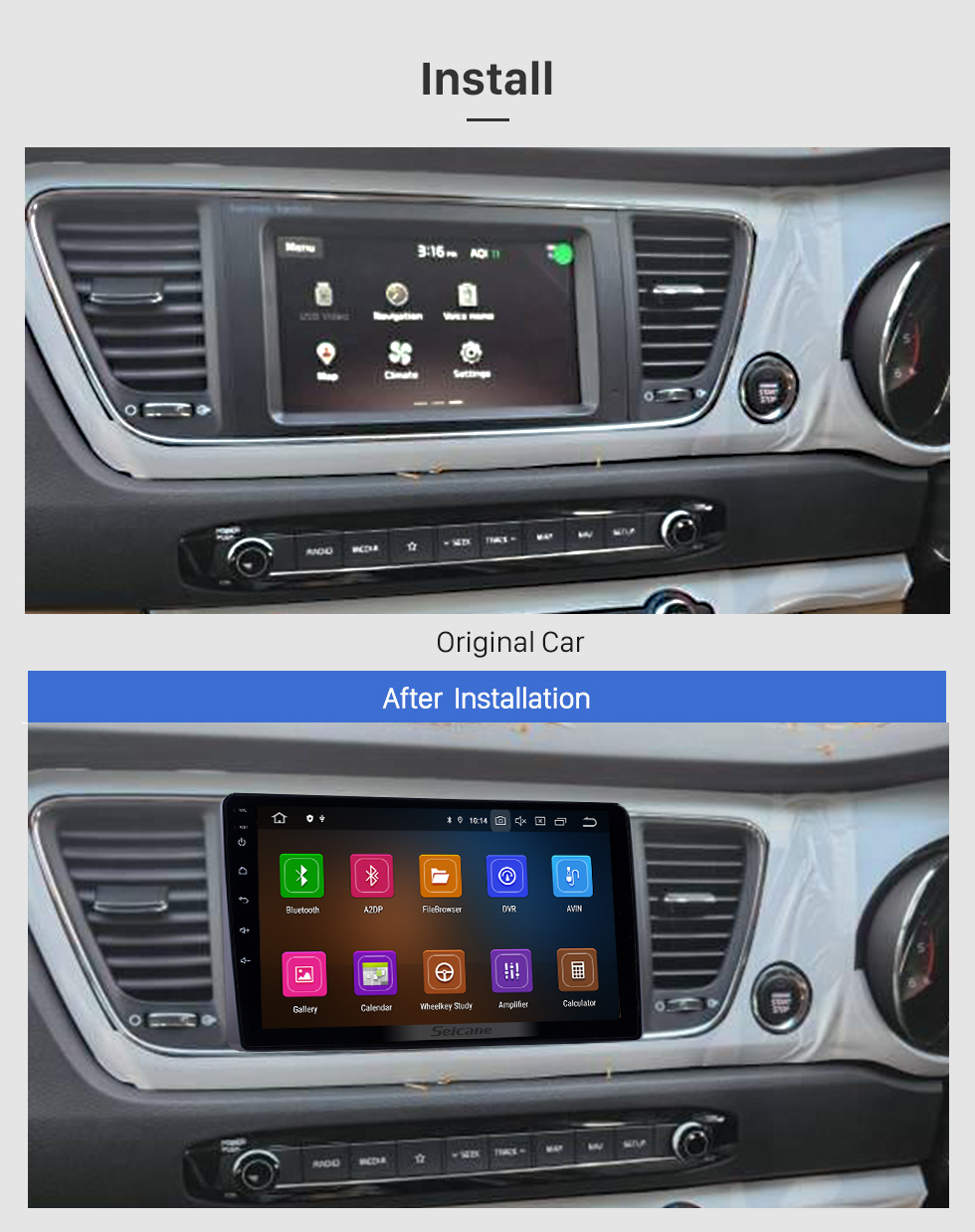 Seicane Tela sensível ao toque HD 2010-2019 Kia Carnival Android 12.0 9 polegadas GPS Navigation Radio Bluetooth AUX Carplay support DAB + OBD2 Câmera traseira