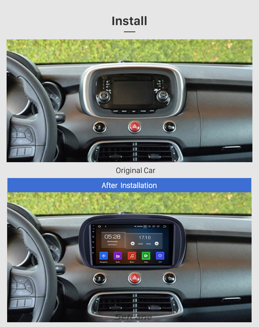 Seicane Écran tactile HD 2014-2019 Fiat 500X Android 13.0 9 pouces Radio de navigation GPS Bluetooth AUX Support Carplay Caméra arrière DAB+ OBD2