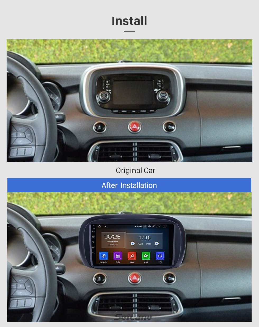 Seicane HD Touchscreen 2014-2019 Fiat 500X Android 13.0 9 polegadas GPS Navegação Rádio Bluetooth AUX Carplay suporte câmera traseira DAB + OBD2