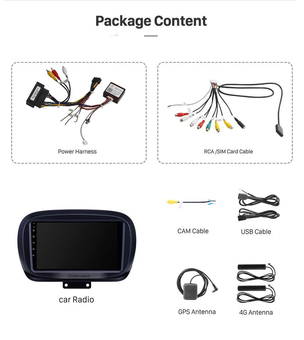 Seicane HD Touchscreen 2014-2019 Fiat 500X Android 13.0 9 polegadas GPS Navegação Rádio Bluetooth AUX Carplay suporte câmera traseira DAB + OBD2