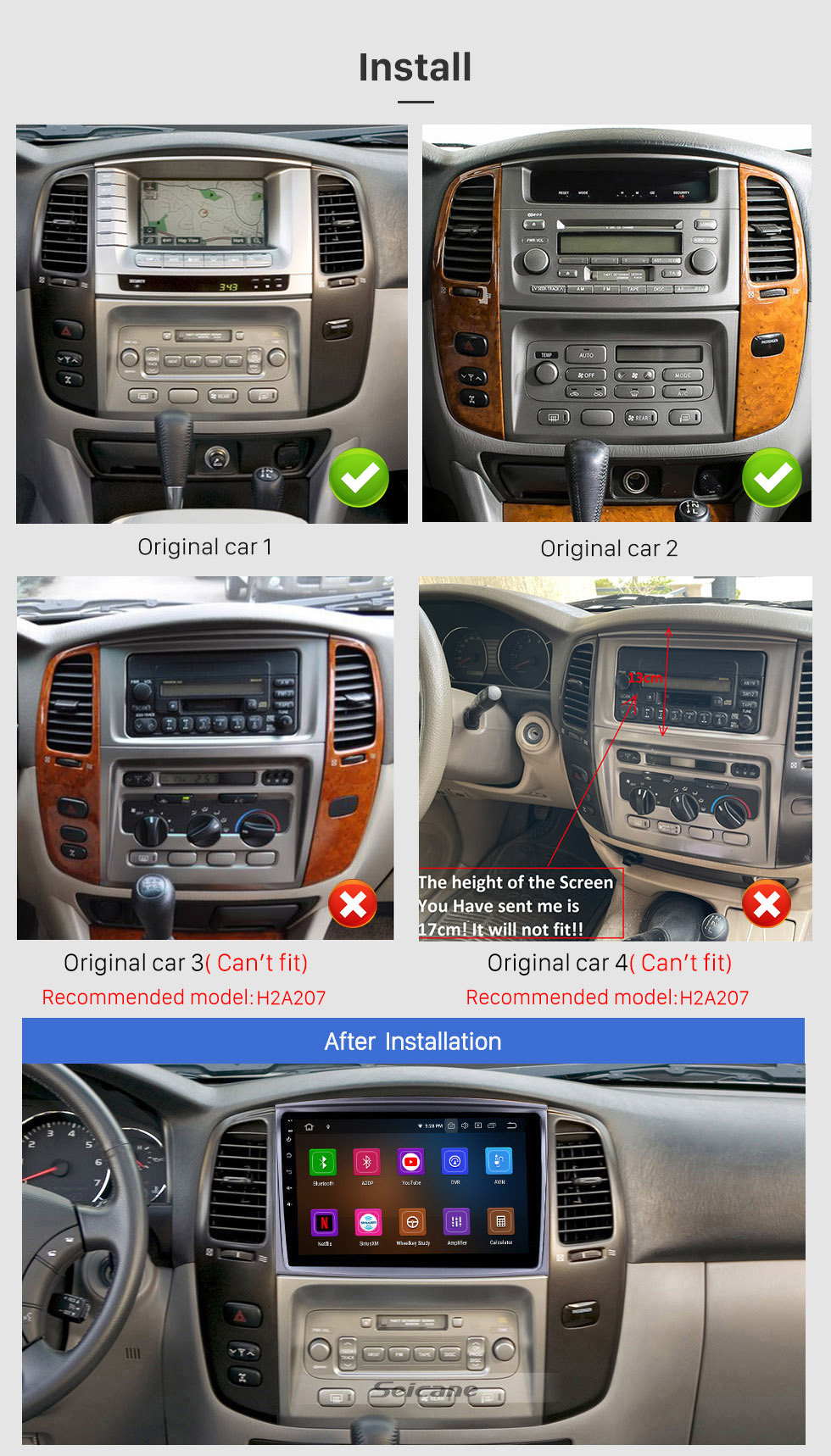 Seicane 10.1 pulgadas 2003-2008 Toyota Land Cruiser 100 Auto A / C Android 12.0 Navegación GPS Radio Bluetooth HD Pantalla táctil AUX Carplay soporte Mirror Link