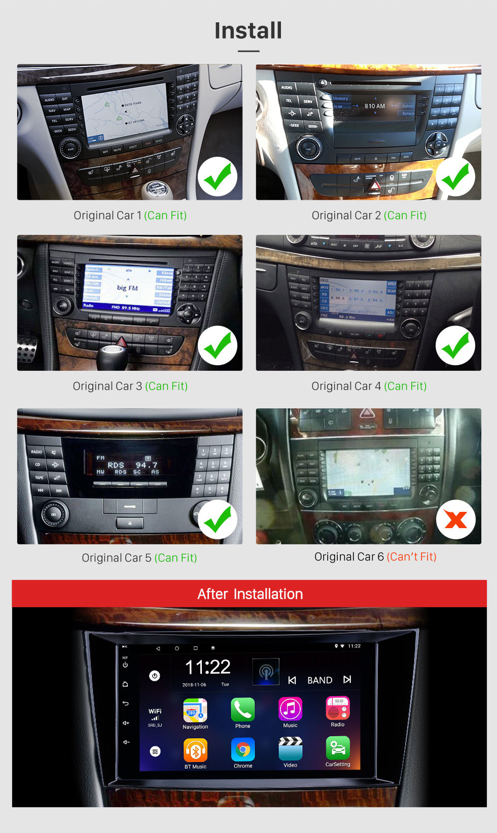Seicane 8 pulgadas Android 12.0 Radio IPS Pantalla completa Navegación GPS Reproductor multimedia para automóvil para 2005-2006 Mercedes Benz CLK W209 con RDS 3G WiFi Bluetooth Mirror Link OBD2 Control del volante