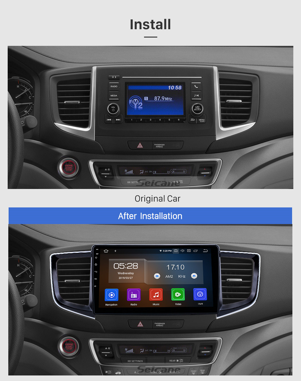 Seicane Rádio Android 13.0 de 10,1 polegadas para 2016-2018 Honda Pilot Bluetooth Touchscreen Navegação GPS Carplay USB AUX suporte TPMS DAB + SWC