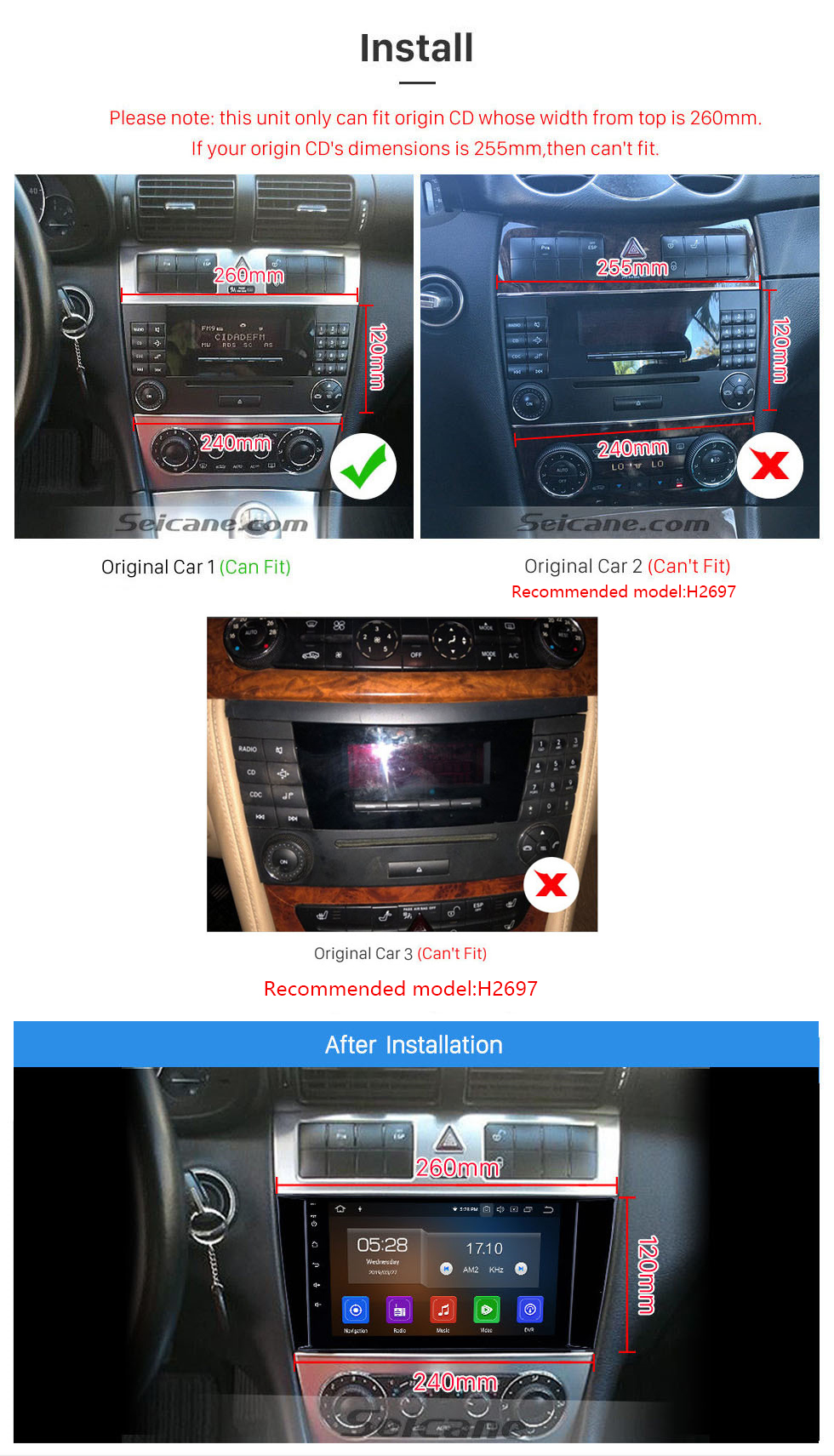 Seicane Android 12.0 Autoradio DVD GPS-System für 2004-2007 Mercedes Benz C Klasse W203 C180 C200 C220 C230 mit 3G WiFi AM FM Radio Bluetooth Spiegelverbindung OBD2 AUX DVR