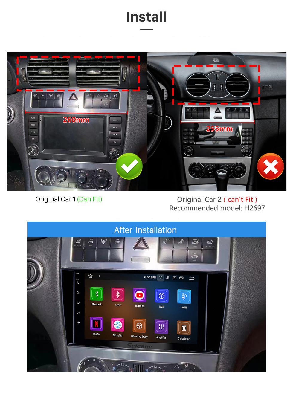 Seicane Android 12.0 Autoradio DVD GPS Système pour 2004-2007 Mercedes Benz Classe C W203 C180 C200 C220 C230 avec 3G WiFi AM FM Radio Bluetooth Lien Miroir OBD2 AUX DVR