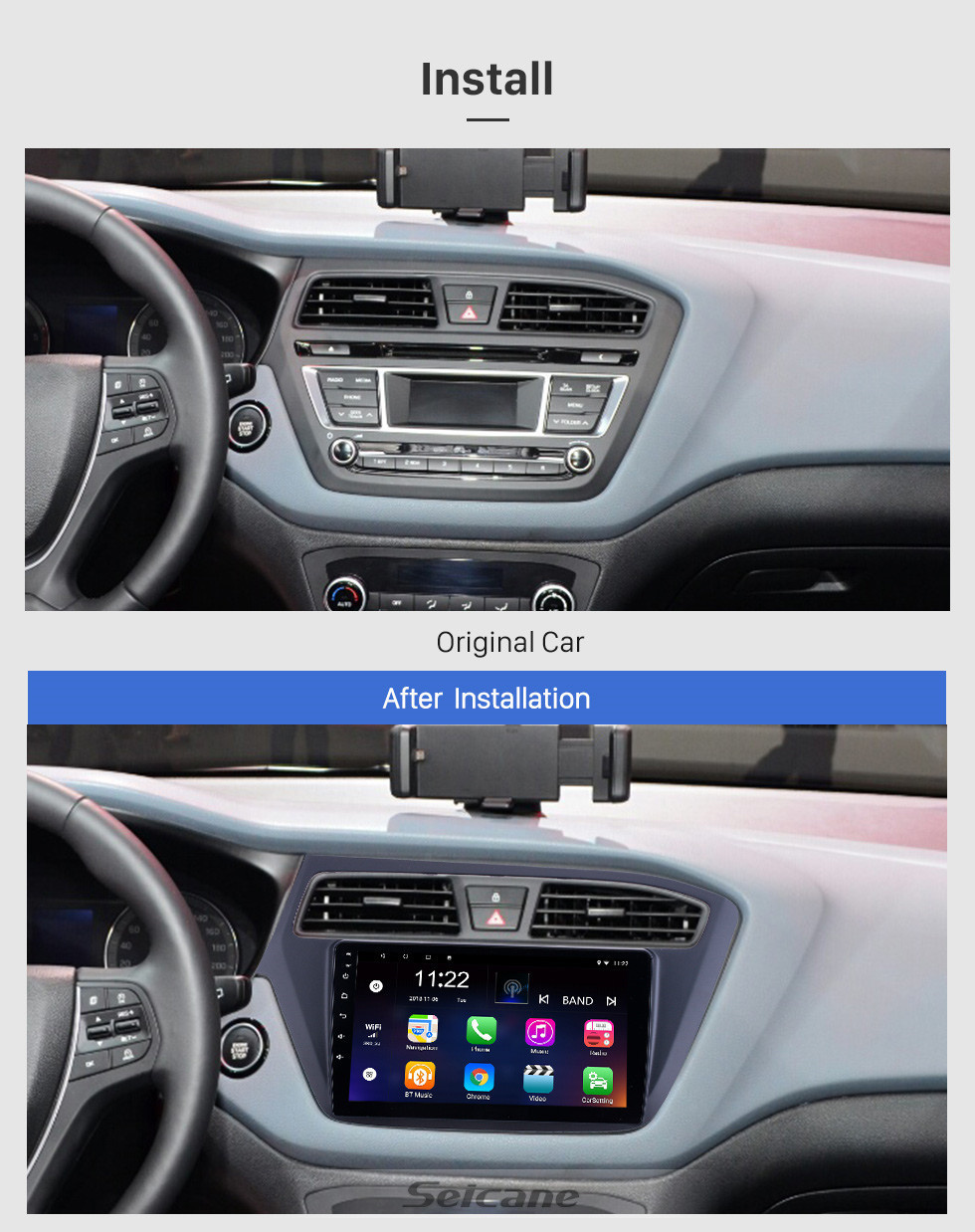 Seicane 9 pulgadas Android 11.0 Radio de navegación GPS para 2018-2019 Hyundai i20 LHD con pantalla táctil HD Carplay Bluetooth WIFI AUX ayuda TPMS TV digital