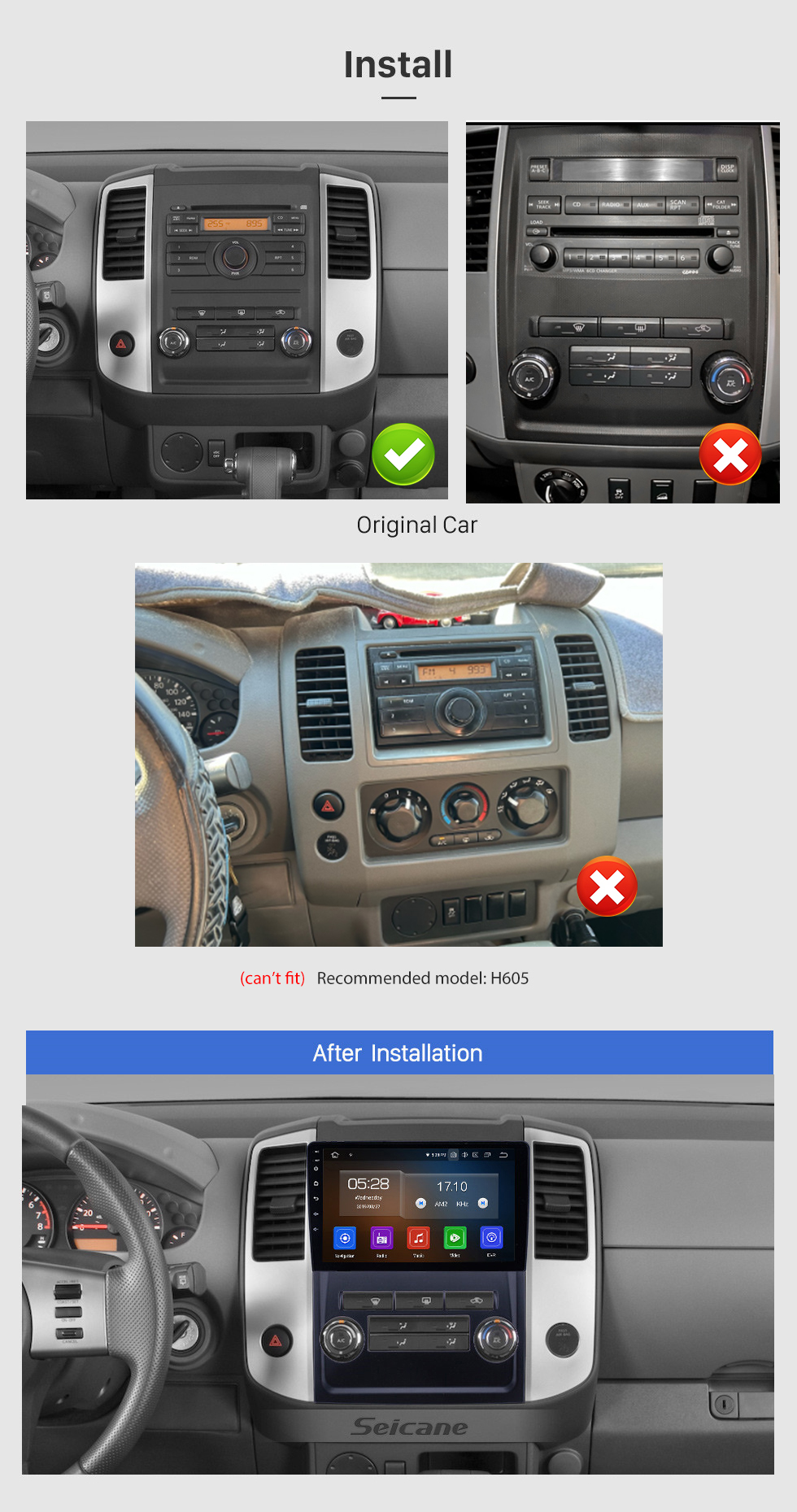 Seicane 9-дюймовый Nissan Frontier/Xterra 2009-2012 гг., Android 13.0, GPS-навигация, радио, Bluetooth, сенсорный экран, AUX, поддержка Carplay, OBD2 DAB + 1080P, видео