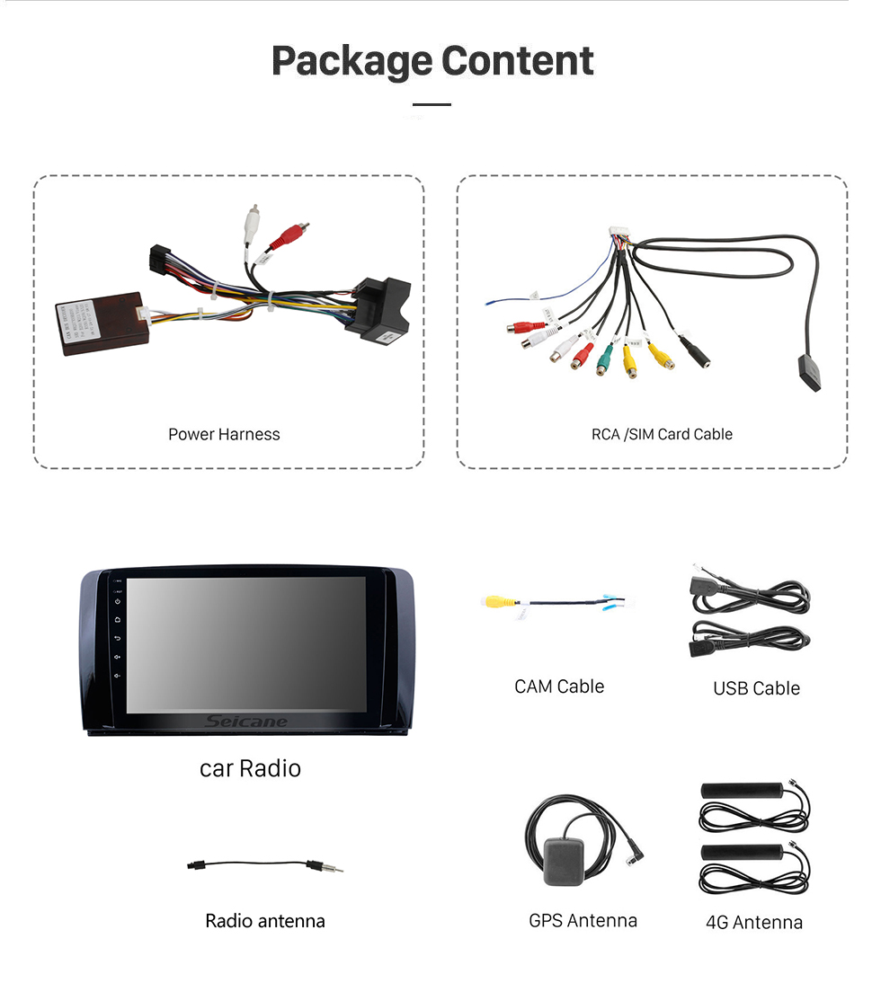 Seicane Tela de toque capacitiva de rádio de 9 polegadas oem android 13.0 para 2006-2013 mercedes benz classe r w251 r280 r300 r320 r350 r63 suporte 3g wifi bluetooth sistema de navegação gps tpms dvr obd ii aux apoio de cabeça monitor controle de vídeo câmera tr