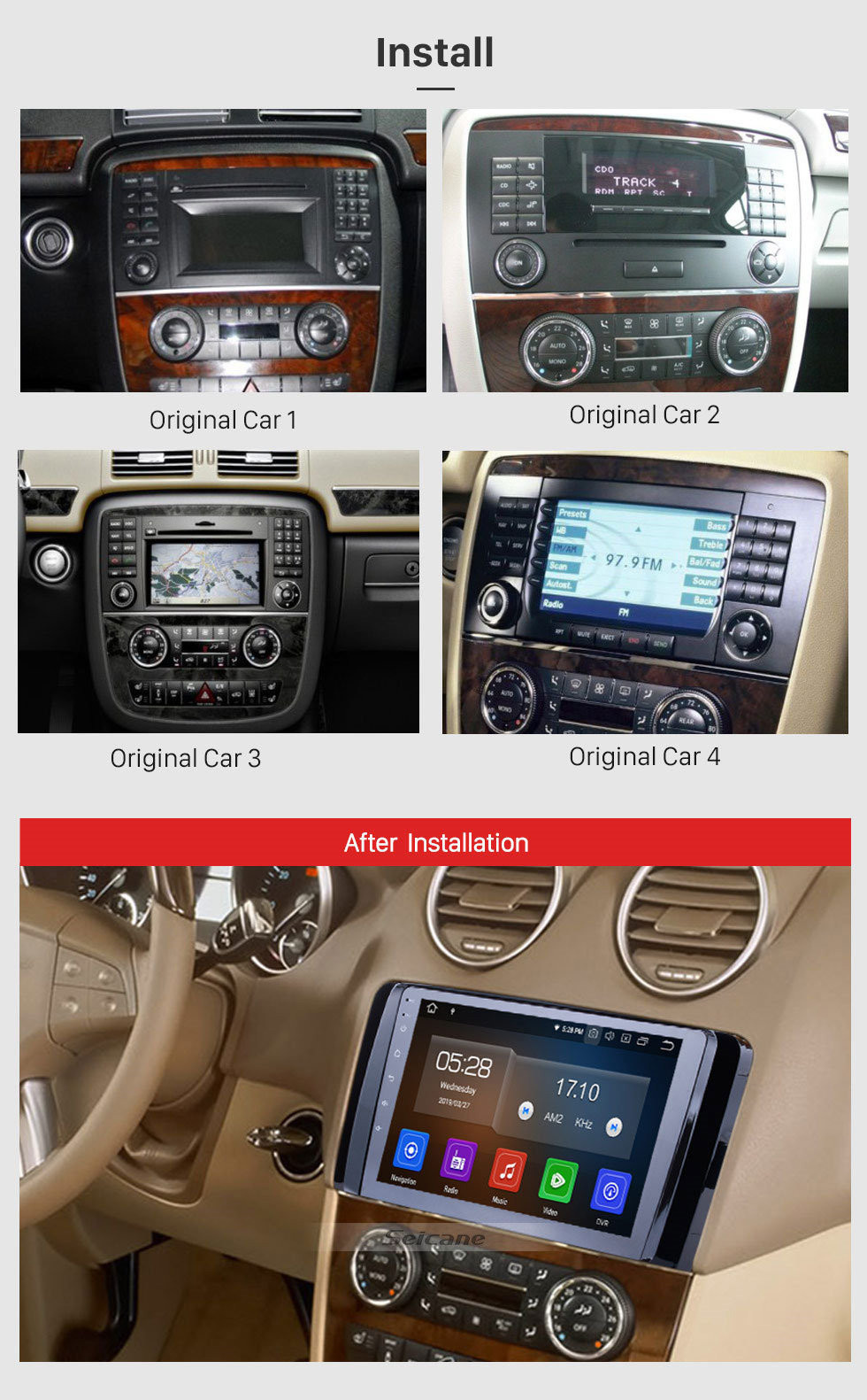 Seicane 9 Zoll OEM Android 13.0 Radio Kapazitiver Touchscreen für 2006-2013 Mercedes Benz R Klasse W251 R280 R300 R320 R350 R63 Unterstützung 3G WiFi Bluetooth GPS Navigationssystem TPMS DVR OBD II AUX Kopfstützenmonitor Steuerung Video Rückfahrkamera USB SD