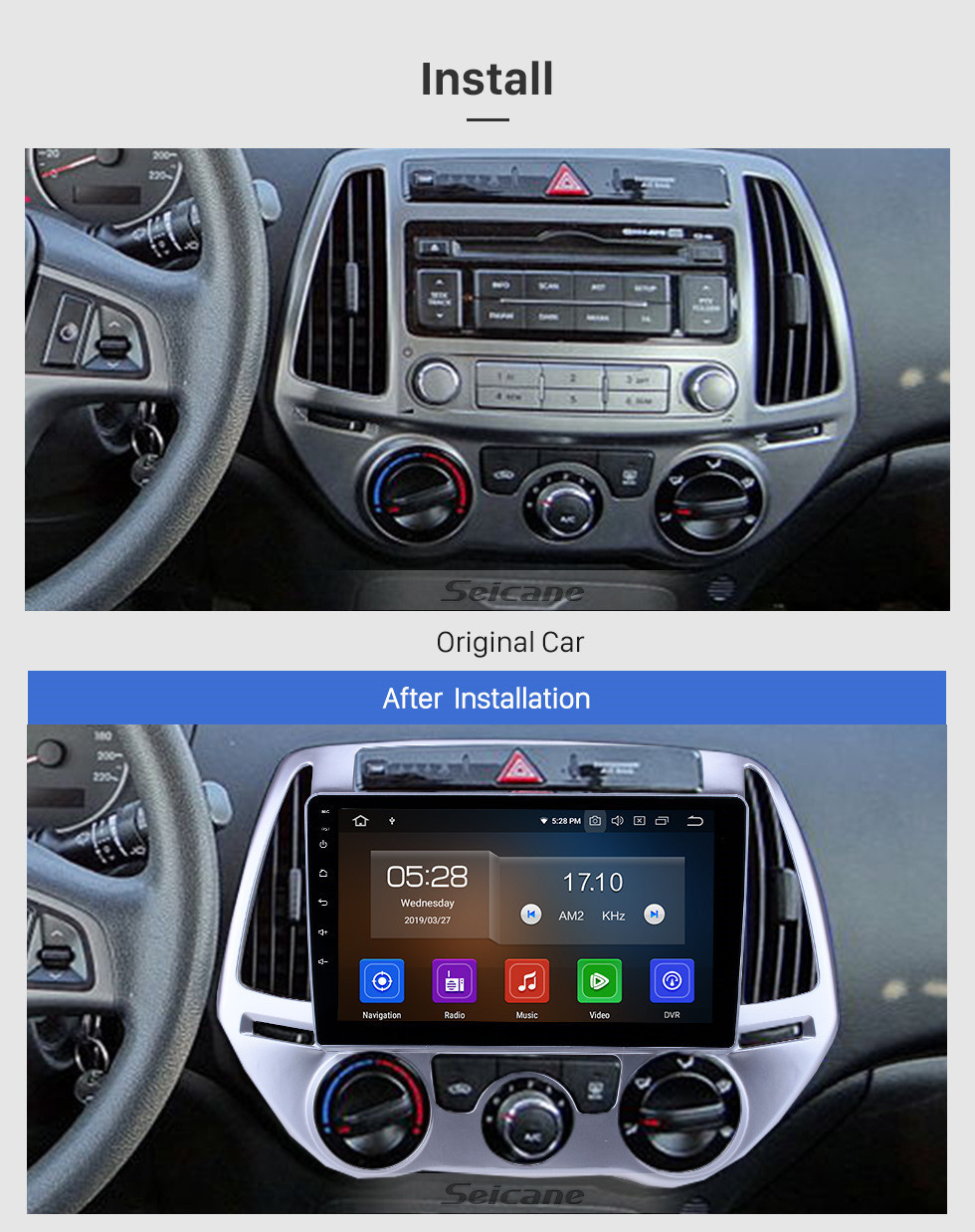 Seicane 9 inch Android 11.0 Radio for 2012-2014 Hyundai I20 Manual A/C Bluetooth Wifi HD Touchscreen GPS Navigation Carplay USB support DVR OBD2 Rearview camera