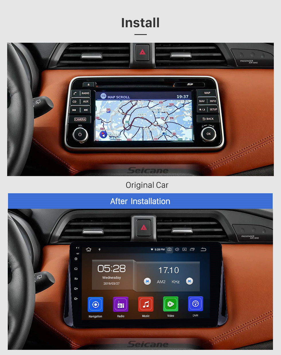 Seicane 10.1 pouces Android 11.0 Radio pour 2017 Nissan Micra Bluetooth HD à écran tactile Navigation GPS Carplay support USB TPMS OBD2 Contrôle au volant