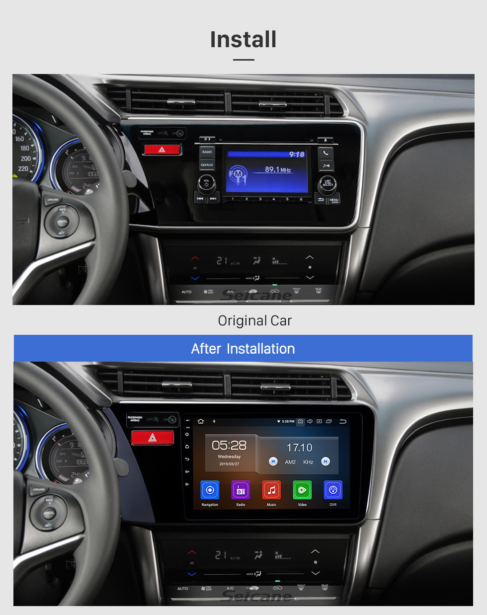 Seicane 2014-2017 Honda City LHD Android 13.0 9 inch GPS Navigation Radio Bluetooth HD Touchscreen USB Carplay Music support TPMS DAB+ 1080P Video Mirror Link