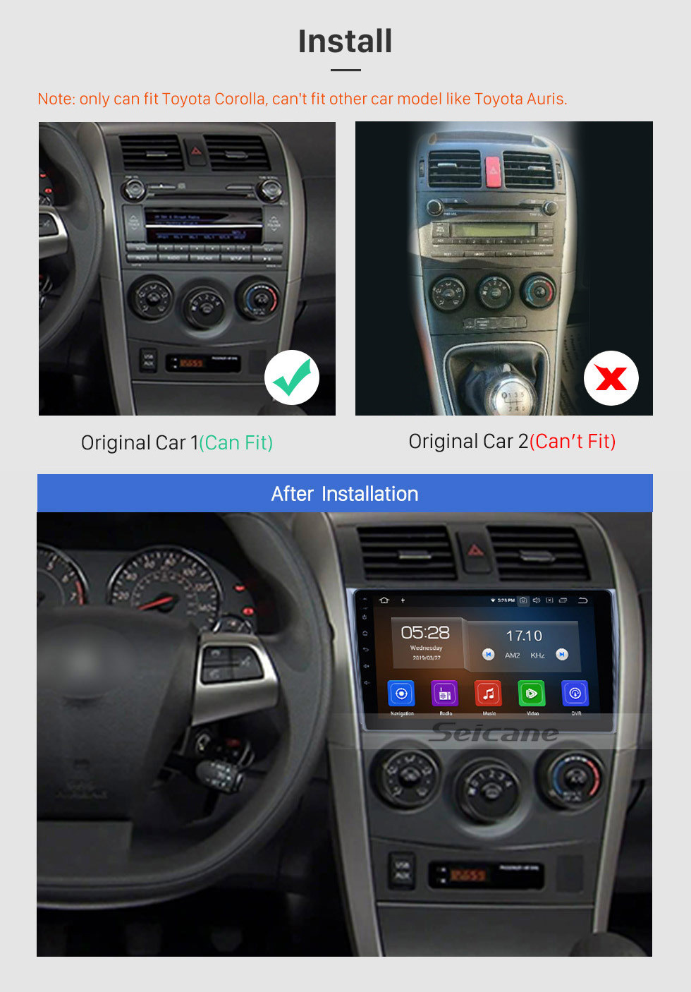Seicane Système de navigation GPS 9 pouces Android 12.0 pour Toyota COROLLA 2006-2011 avec Bluetooth Radio HD 1024*600 écran tactile OBD2 DVR TV 1080P Vidéo 3G WIFI Commande au volant Caméra de recul USB SD Quad-core CPU Lien miroir