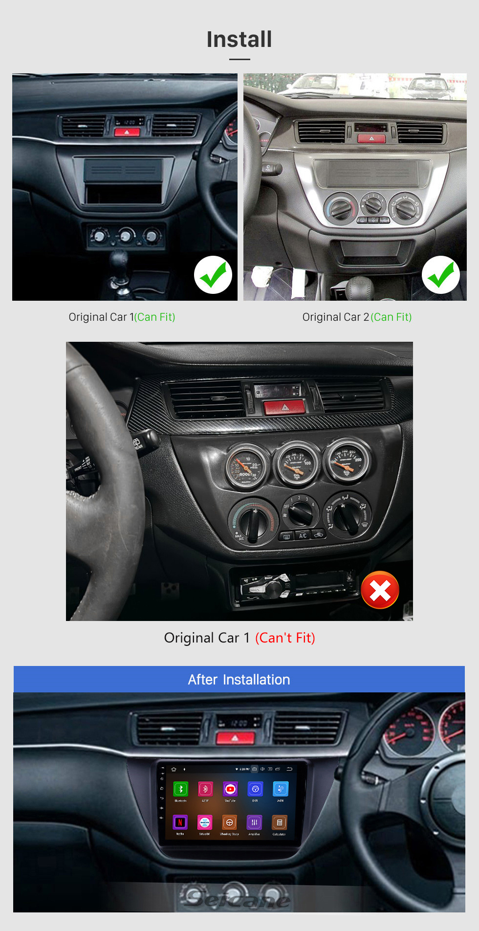 Seicane HD Touchscreen de 9 polegadas Android 13.0 GPS Rádio de navegação para 2006-2010 MITSUBISHI LANCER IX com WIFI Carplay Bluetooth USB suporte RDS OBD2 DVR 4G