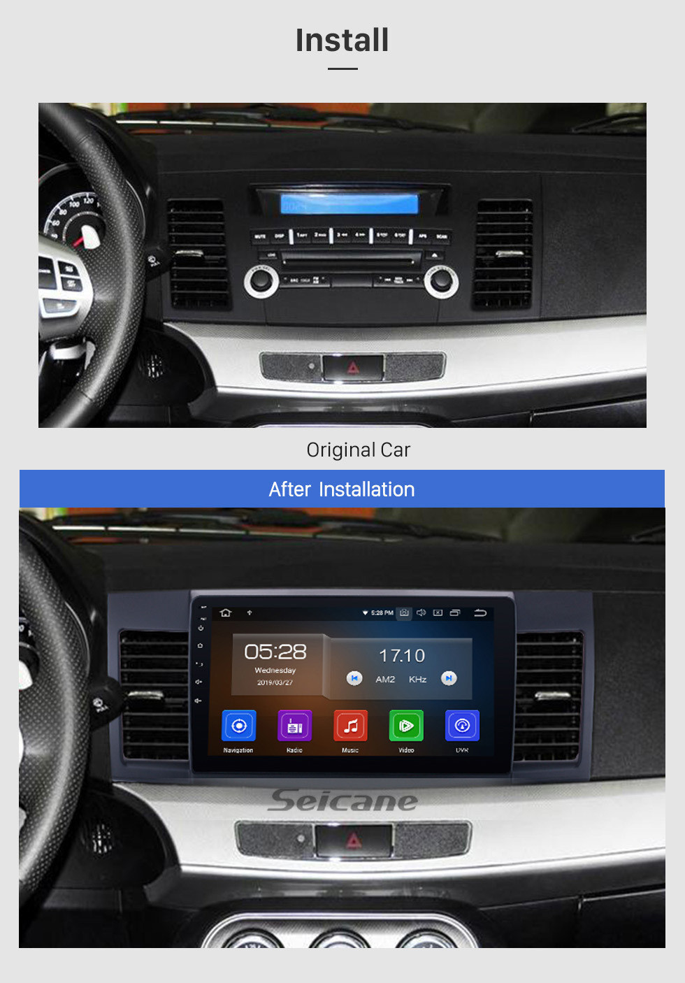 Seicane 2007-2015 Mitsubishi LANCER Android 12.0 Radio DVD player GPS navigation system Bluetooth HD 1024*600 touch screen Mirror link OBD2 DVR Rearview camera TV 1080P Video 3G WIFI Steering Wheel Control USB