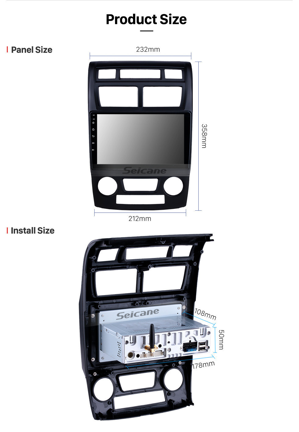 Seicane 2007-2017 Kia Sportage Manual A / C Android 11.0 9 pulgadas Navegación GPS Radio Bluetooth HD Pantalla táctil USB Carplay Soporte de música Control del volante