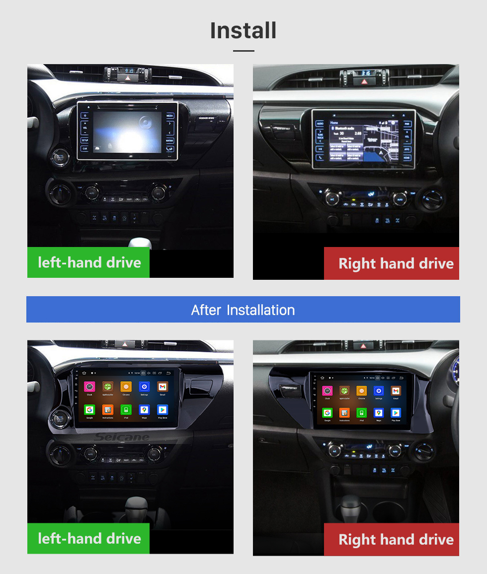 Seicane 10,1 Zoll 2016–2018 Toyota Hilux LHD Touchscreen Android 12.0 GPS-Navigation Radio Bluetooth Carplay Musik AUX-Unterstützung Rückfahrkamera 1080P Video