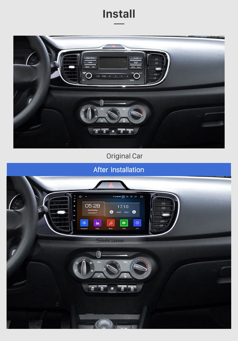 Seicane Android 11.0 9 pulgadas Radio 1024 * 600 Pantalla táctil Bluetooth GPS Navi para 2017 KIA PEGAS LHD con música de Wifi Soporte para DVD DVD Carplay TPMS 4G 1080P Video