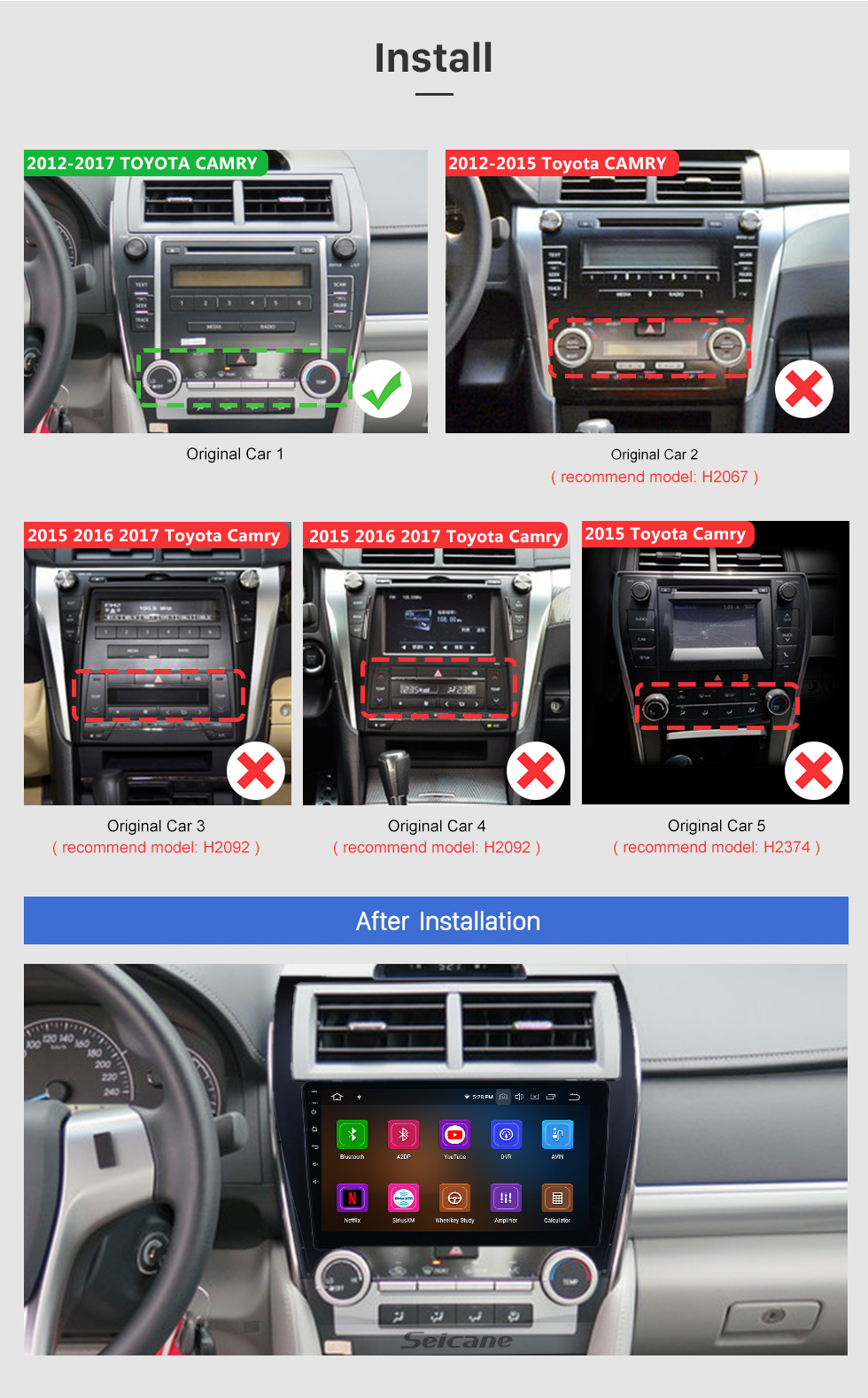 Seicane Android 11.0 2012-2017 Toyota Camry 10.1 Pulgadas HD Pantalla táctil del coche Unidad de radio estéreo del coche Navegación GPS Bluetooth WIFI Soporte Cámara de reserva Control del volante USB DVR