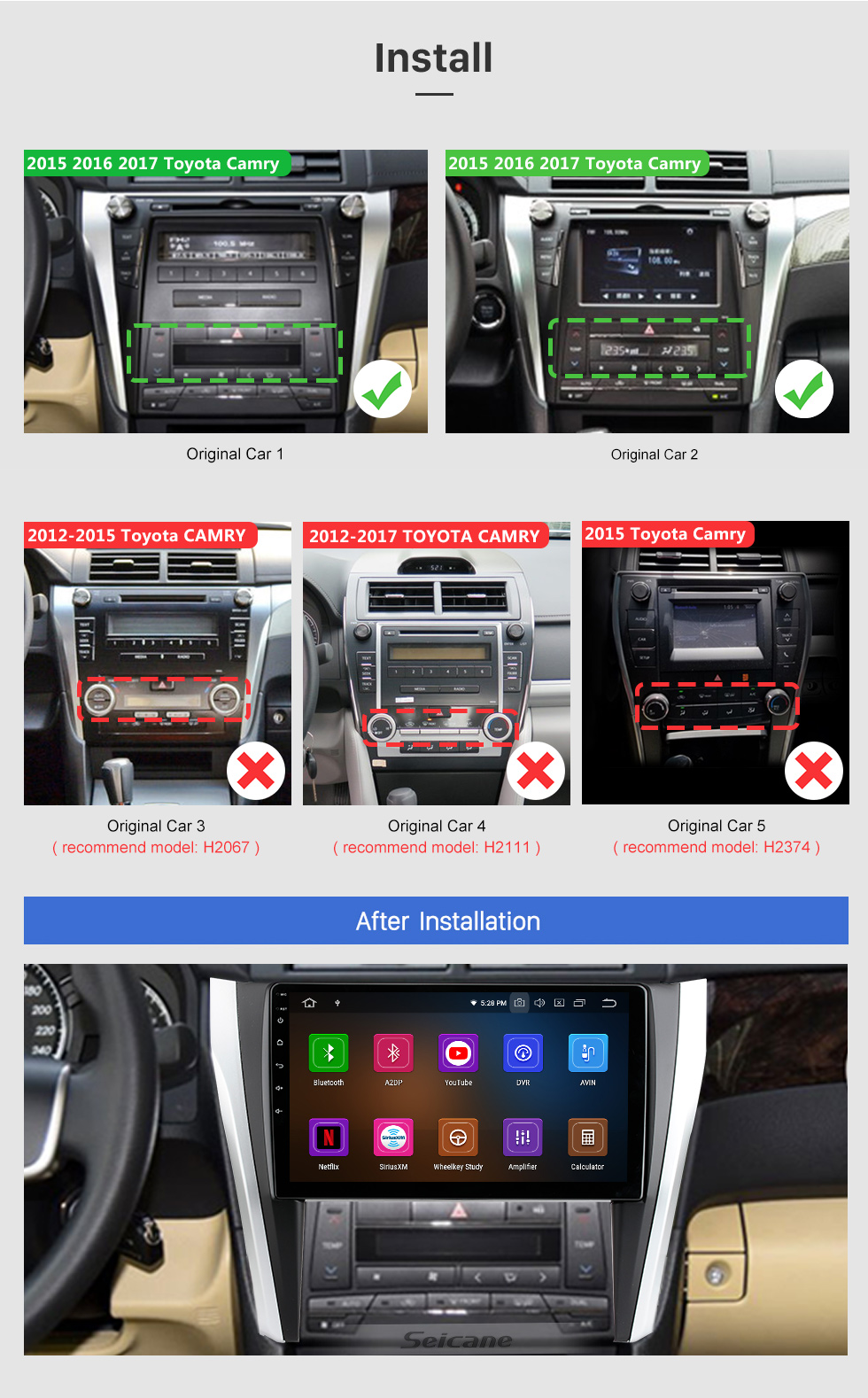 Seicane Sistema de navegación GPS Android 11.0 de 10.1 pulgadas para 2015 2016 2017 Toyota CAMRY Bluetooth Enlace espejo Radio Pantalla multitáctil capacitiva OBD DVR Cámara de visión trasera TV 3G WIFI USB SD