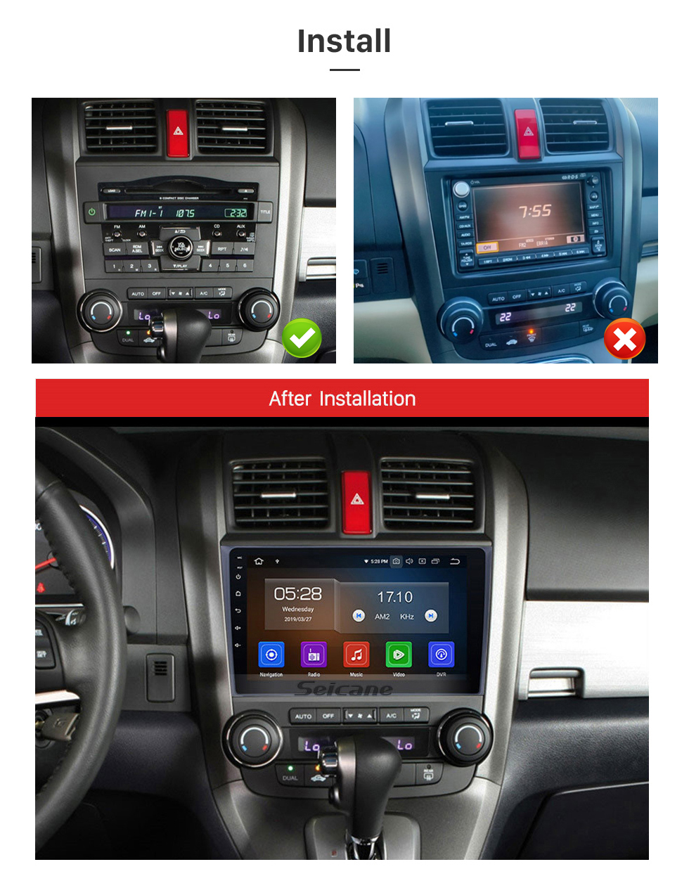 Seicane Lecteur DVD GPS Android 13.0 pour 2006 2007 2008-2011 Système de navigation Honda CRV Prise en charge USB SD Bluetooth 3G WIFI Aux Caméra de recul Lien miroir OBD2 DVR