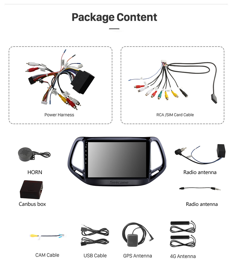 Seicane 10.1 polegadas Android 11.0 HD 1024 * 600 Estéreo Do Carro Do Touchscreen Para Jeep Compass 2017 Bluetooth Rádio Da Música Navegação GPS Sistema De Áudio De Apoio Link Do Espelho 4G WiFi Câmera De Backup DVR Controle De Volante