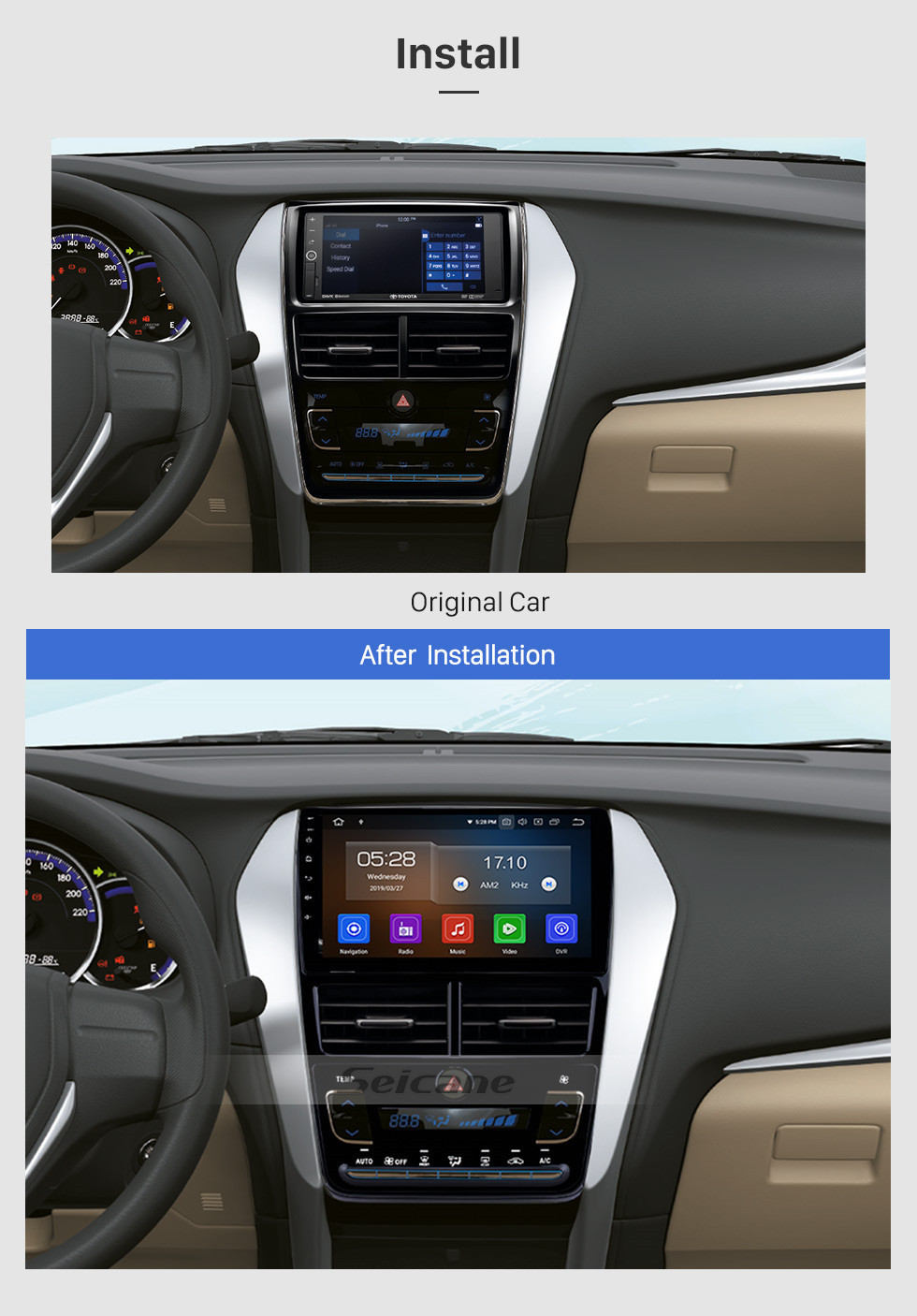 Seicane Tudo em um 2018 Toyota Vios / Yaris Auto Ar Condicionado 9 polegadas Android 11.0 Multimídia Rádio Navegação GPS HD Touchscreen Bluetooth Música USB AUX Controle de Volante Leitor de DVD 3G / 4G WIFI