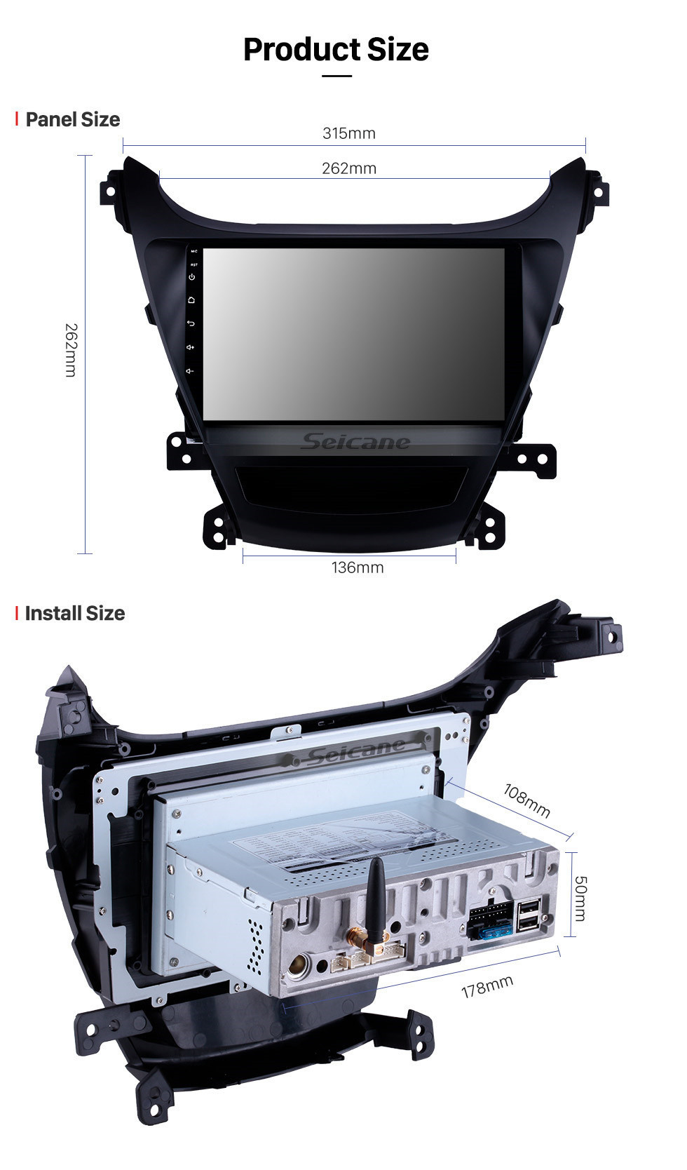 Seicane 9 pouces Android 12.0 HD Radio à écran tactile pour 2014-2015 Hyundai Elantra avec système de navigation GPS Bluetooth USB WIFI OBD2 TPMS Mirror Link Caméra de recul