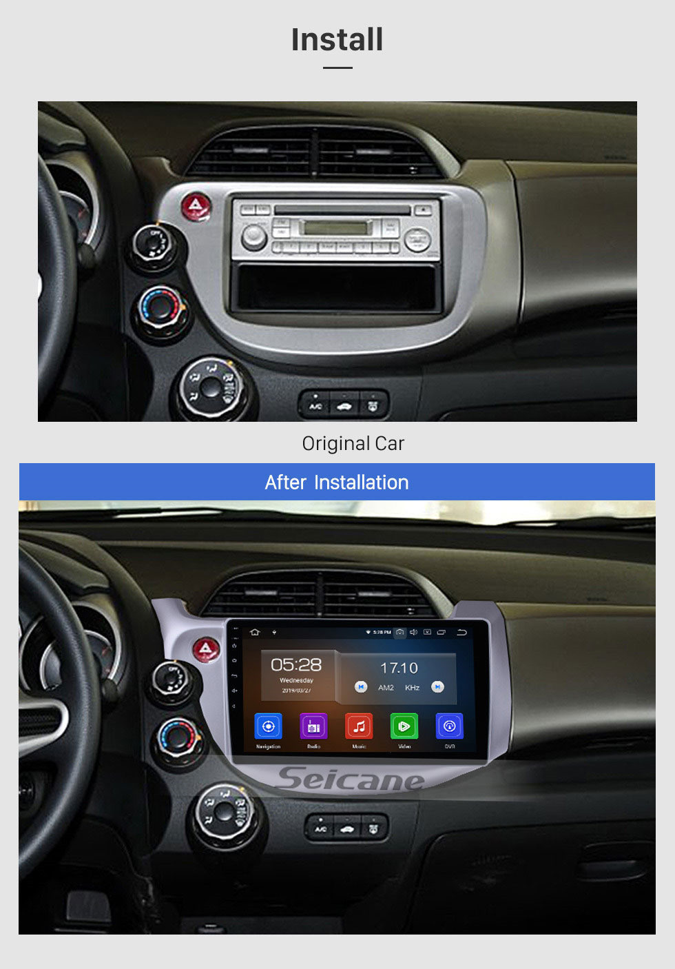 Seicane 2007-2013 Honda Fit (LHD) Android 11.0 Système de navigation GPS de 10,1 pouces avec radio Bluetooth Caméra de recul OBD2 TV numérique Commande au volant Commande de rétroviseur Lien