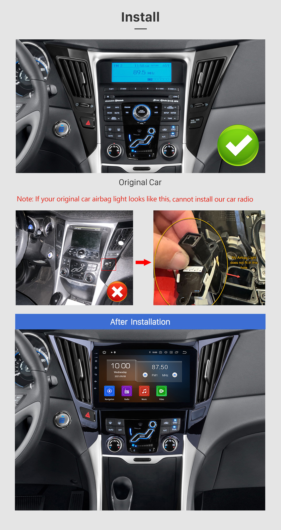 Seicane 9 pouces Android 13.0 Radio Système de navigation GPS pour 2011-2015 Hyundai SONATA avec écran tactile Bluetooth HD 1024*600 Lien miroir OBD2 DVR Caméra de recul TV 1080P Vidéo 3G WIFI Commande au volant USB