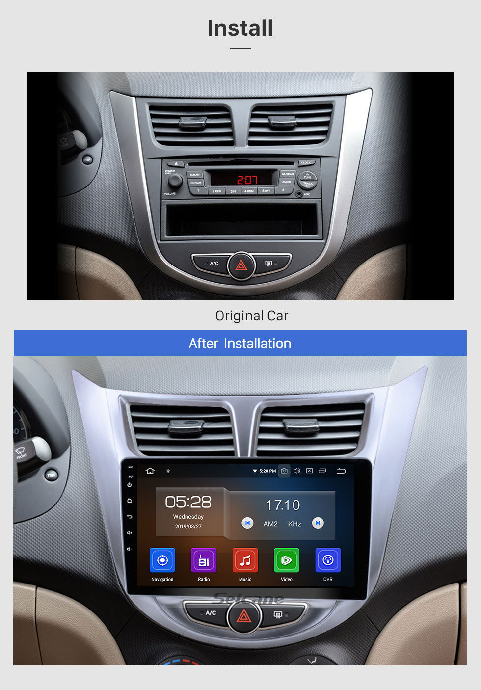 Seicane HD 1024*600 Touchscreen Android 13.0 2011 2012 2013 Hyundai Verna Accent Solaris Blue WIT Radio GPS Navigation System with Bluetooth 4G WIFI Steering Wheel Control USB OBD2 RDS Mirror Link