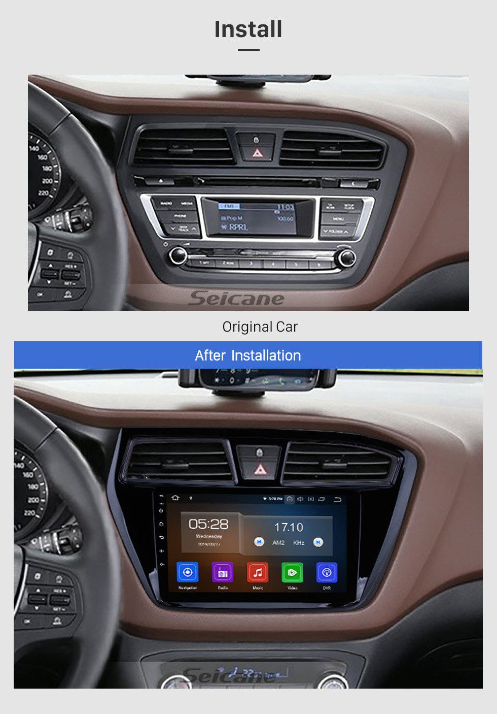 Seicane Aftermarket Android 11.0 navigation system Radio for 2014 2015 Hyundai i20 with Mirror link GPS HD 1024*600 touch screen OBD2 DVR Rearview camera TV 1080P Video 3G WIFI Steering Wheel Control Bluetooth USB SD