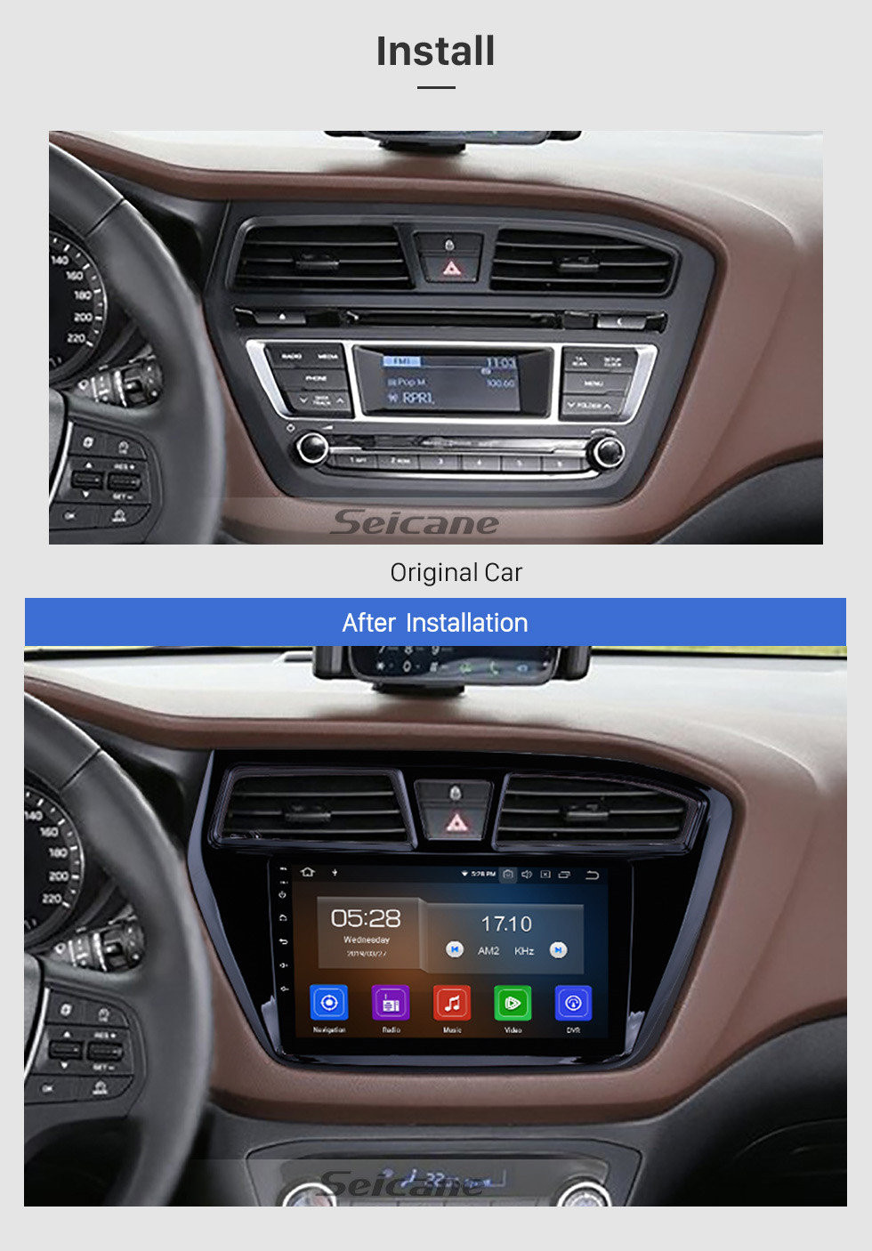 Seicane Aftermarket Android 11.0 sistema de navegación Radio para 2014 Hyundai i20 2015 con Mirror link GPS HD 1024 * 600 pantalla táctil OBD2 DVR Cámara de vista trasera TV 1080P Video 3G WIFI Control del volante Bluetooth USB SD