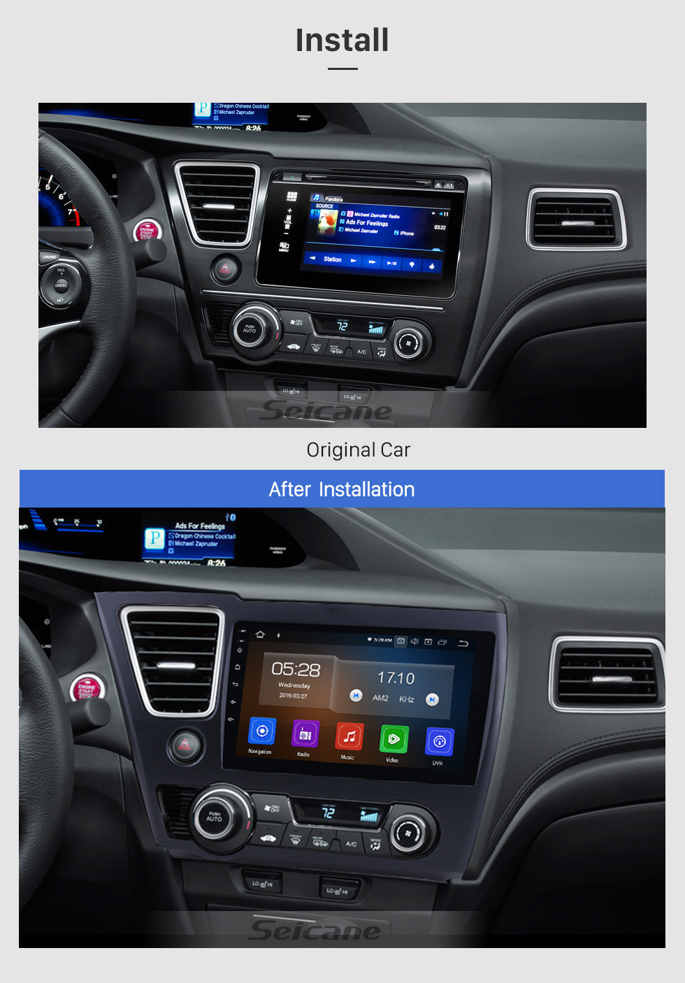 Seicane 9 pouces Android 13.0 pour 2014 2015 2016 2017 Honda Civic LHD Radio Système de navigation GPS avec écran tactile HD Prise en charge Bluetooth Carplay OBD2