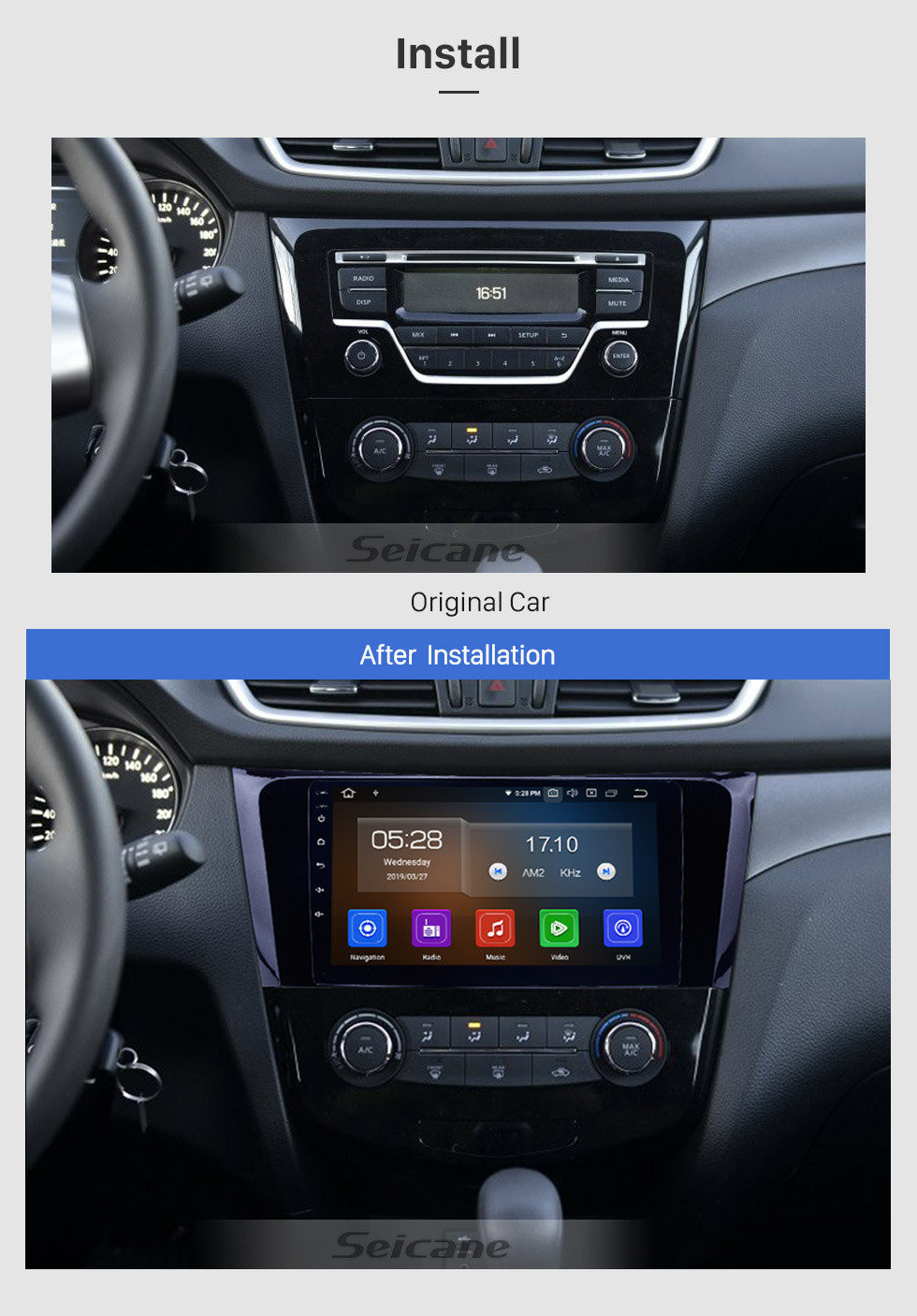 Seicane 2012 2013 2014 2015 2016 2017 Nissan X-TRAIL Qashqai A/V Pantalla táctil HD de 9 pulgadas Radio Navegación GPS Android 11.0 Sistema de audio Bluetooth OBD2 Control del volante