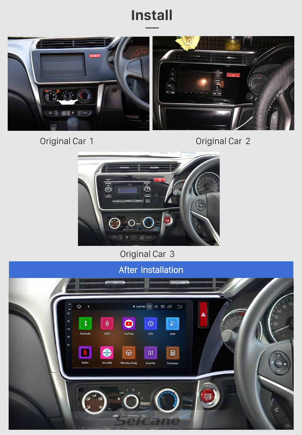 Seicane 10,1 pouces Android 11.0 HD Écran tactile Radio système de navigation GPS pour 2014 2015 2016 2017 Honda CITY (RHD) avec Bluetooth Music Mirror Link OBD2 3G WiFi caméra de recul 1080P vidéo contrôle au volant