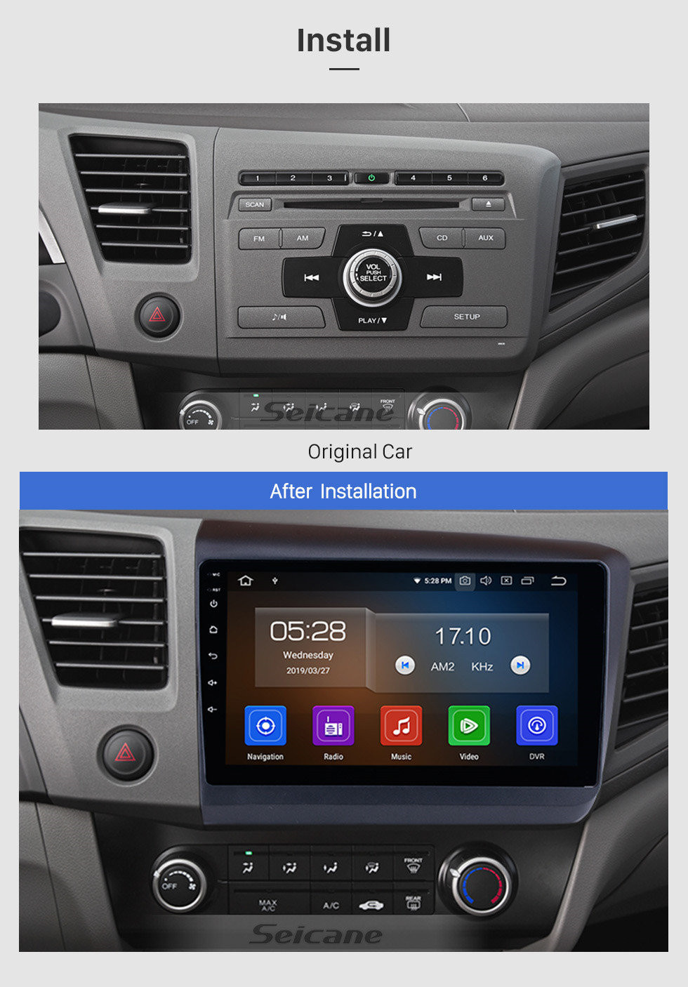 Seicane Android 13.0 10.1 inch 2012 Honda civic (LHD) Radio GPS Navigation Car stereo with Bluetooth Digital TV Mirror Link OBD2 DVR Backup Camera TPMS RDS Steering Wheel Control 