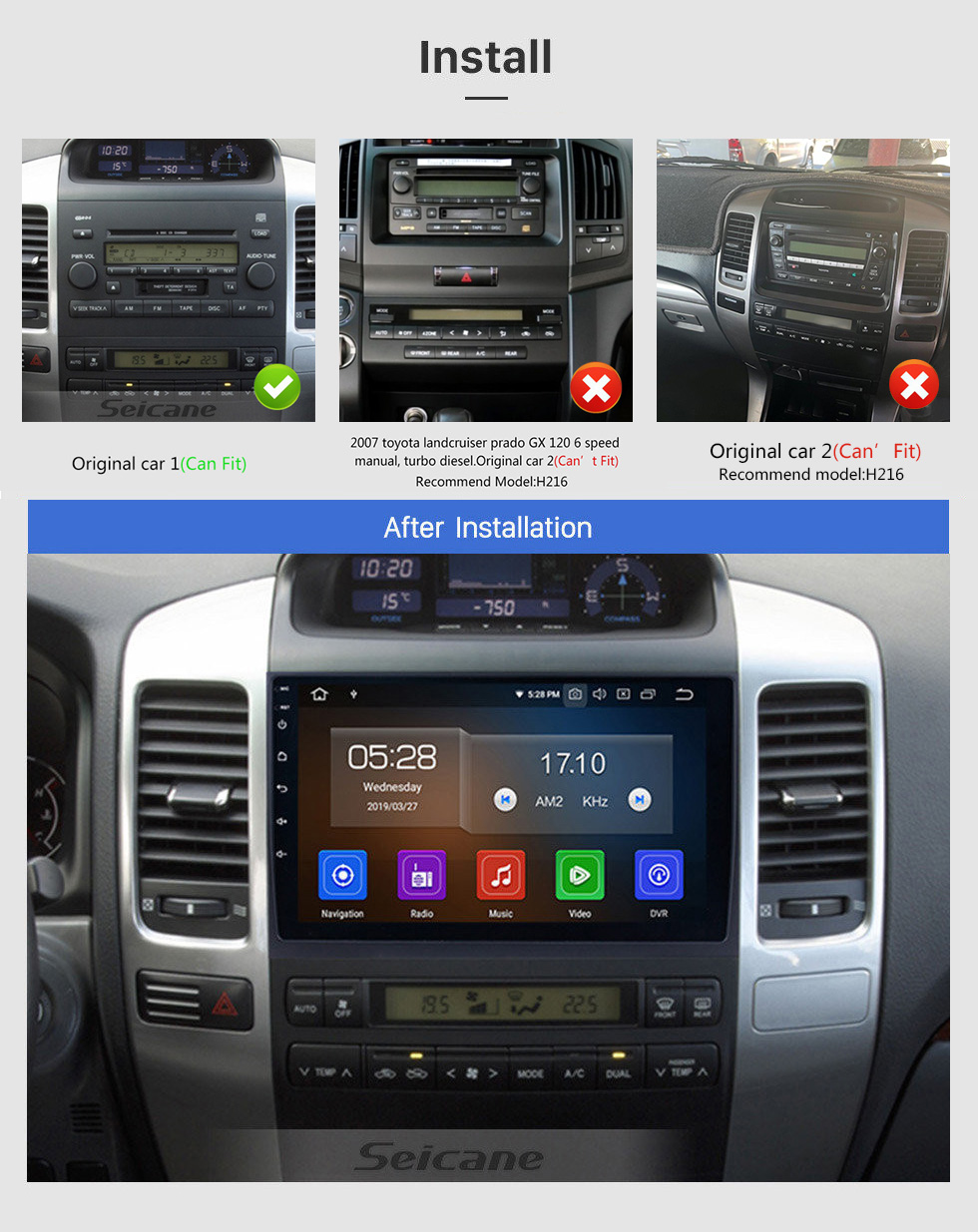 Seicane Pantalla táctil HD de 9 pulgadas 2002-2009 Toyota Prado Cruiser 120 Lexus GX470 Android 13.0 Radio Sistema de navegación GPS Bluetooth Música 4G WiFi Cámara de respaldo Mirror Link OBD2 Control del volante