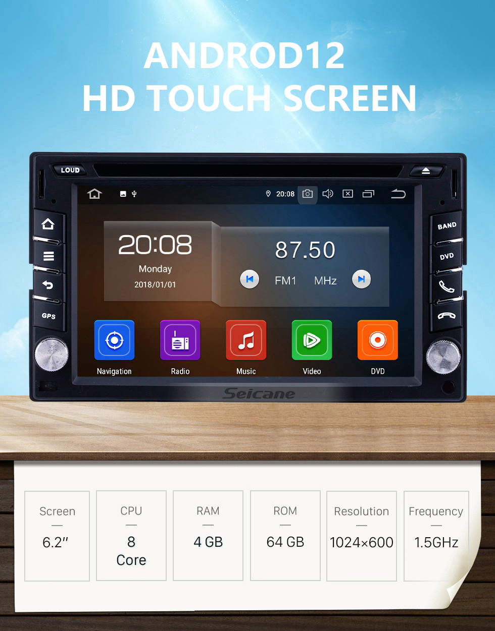 Seicane 6,2-дюймовый Android 12.0 Универсальное радио Bluetooth AUX HD с сенсорным экраном WIFI GPS-навигатор Carplay Поддержка USB TPMS DVR