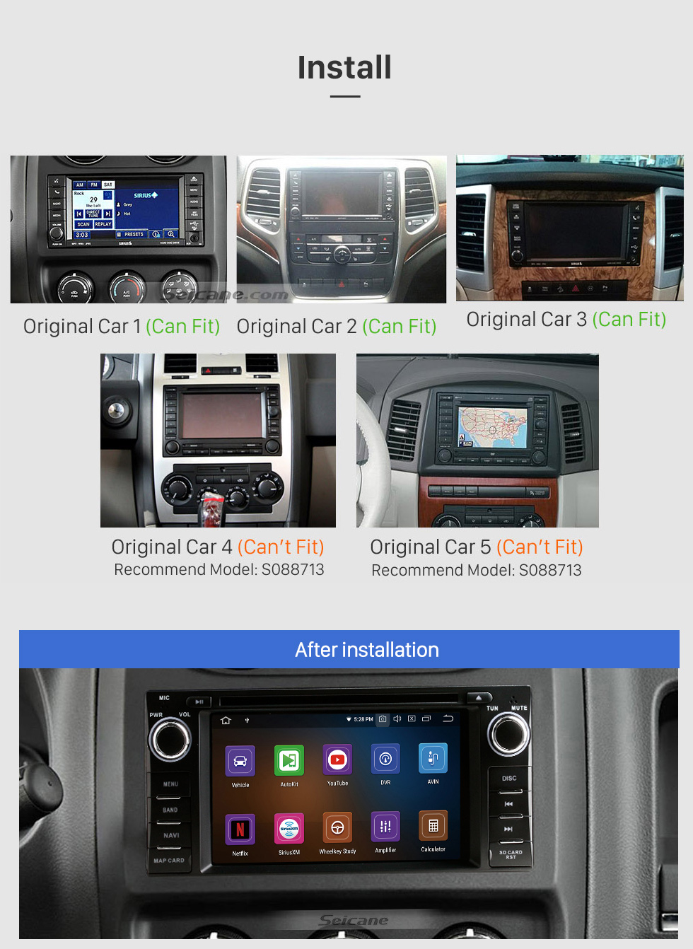 Seicane Android 9.0 Radio 2008 2009 2010 Jeep Commander Navegacion GPS Bluetooth USB WIFI Reproductor de DVD Soporta 1080P Video DVR OBD2 Cámara de vista trasera Control del volante