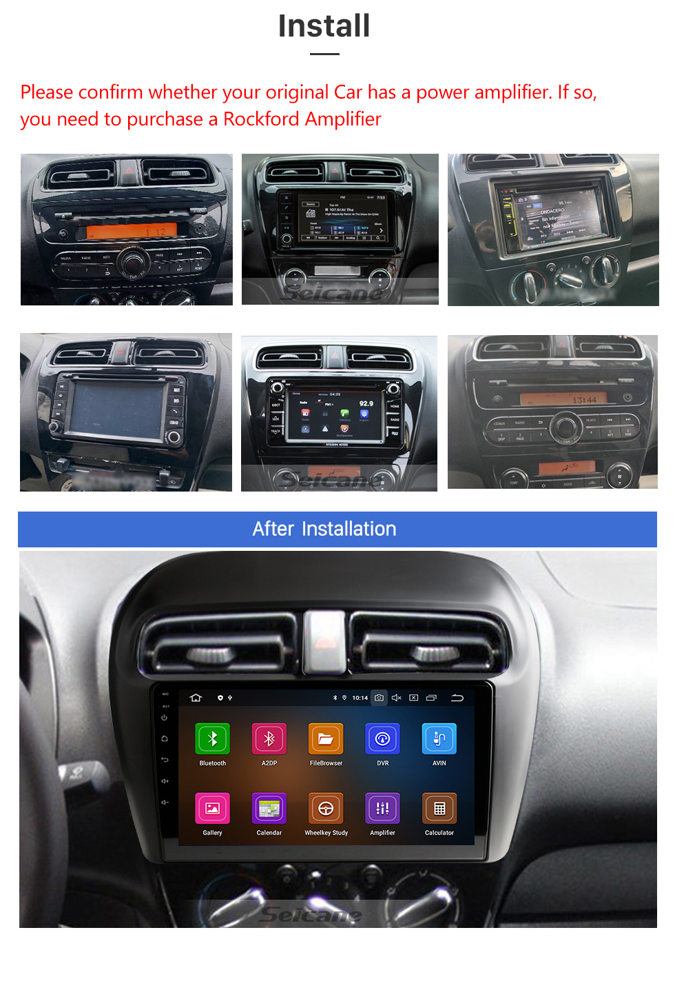 Seicane 2012-2018 Mitsubishi Mirage 9 pouces Android 12.0 Navigation GPS Écran tactile complet WiFi Radio FM USB Carplay Bluetooth SWC OBD2 Caméra de recul DVR DAB